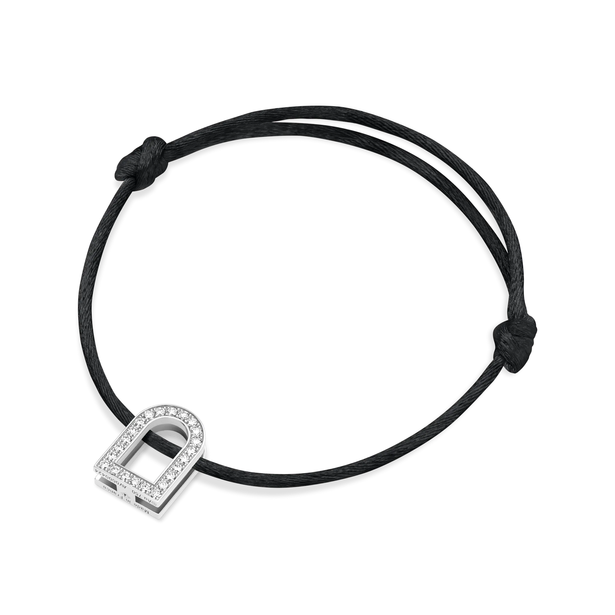 L'Arc Voyage Charm GM, 18k White Gold with Galerie Diamonds on Silk Cord Bracelet