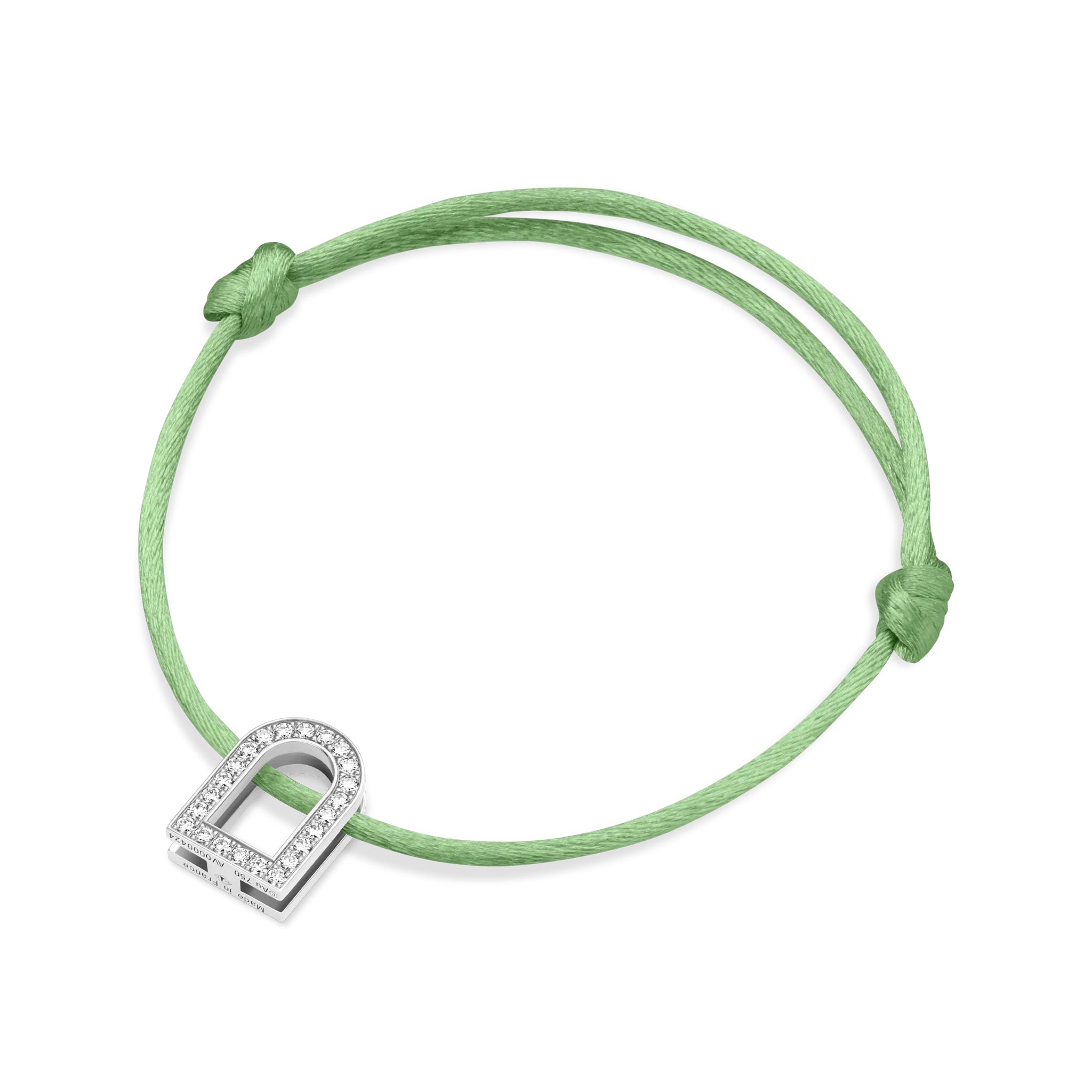L'Arc Voyage Charm GM, 18k White Gold with Galerie Diamonds on Silk Cord Bracelet