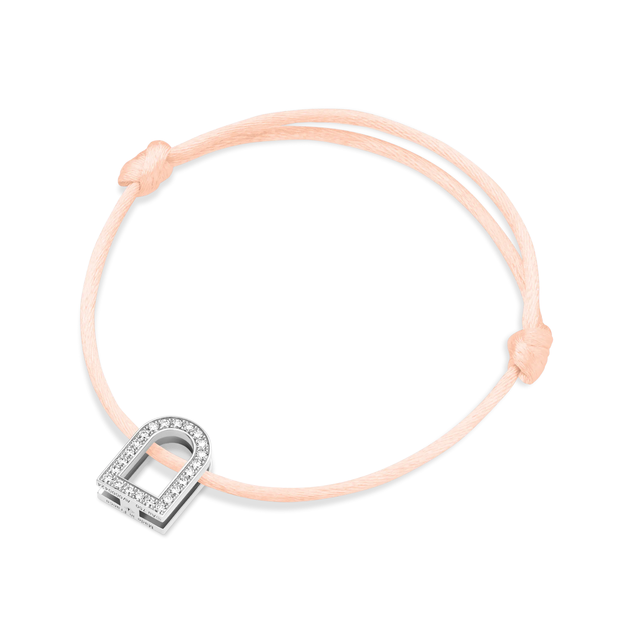 L'Arc Voyage Charm GM, 18k White Gold with Galerie Diamonds on Silk Cord Bracelet