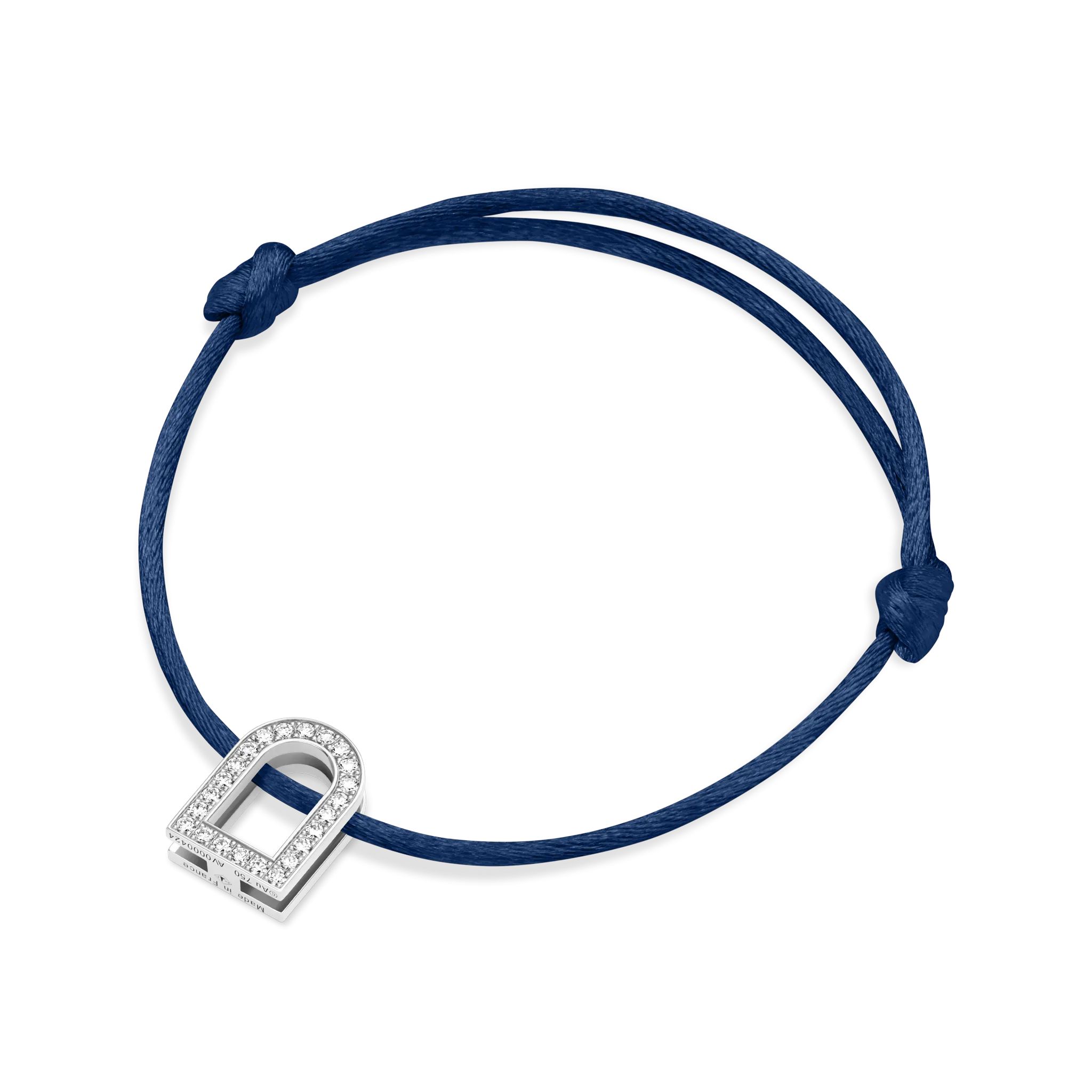 L'Arc Voyage Charm GM, 18k White Gold with Galerie Diamonds on Silk Cord Bracelet