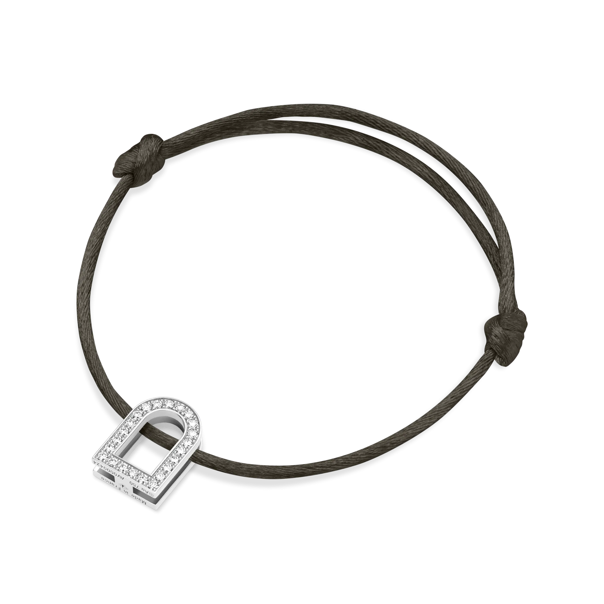 L'Arc Voyage Charm GM, 18k White Gold with Galerie Diamonds on Silk Cord Bracelet