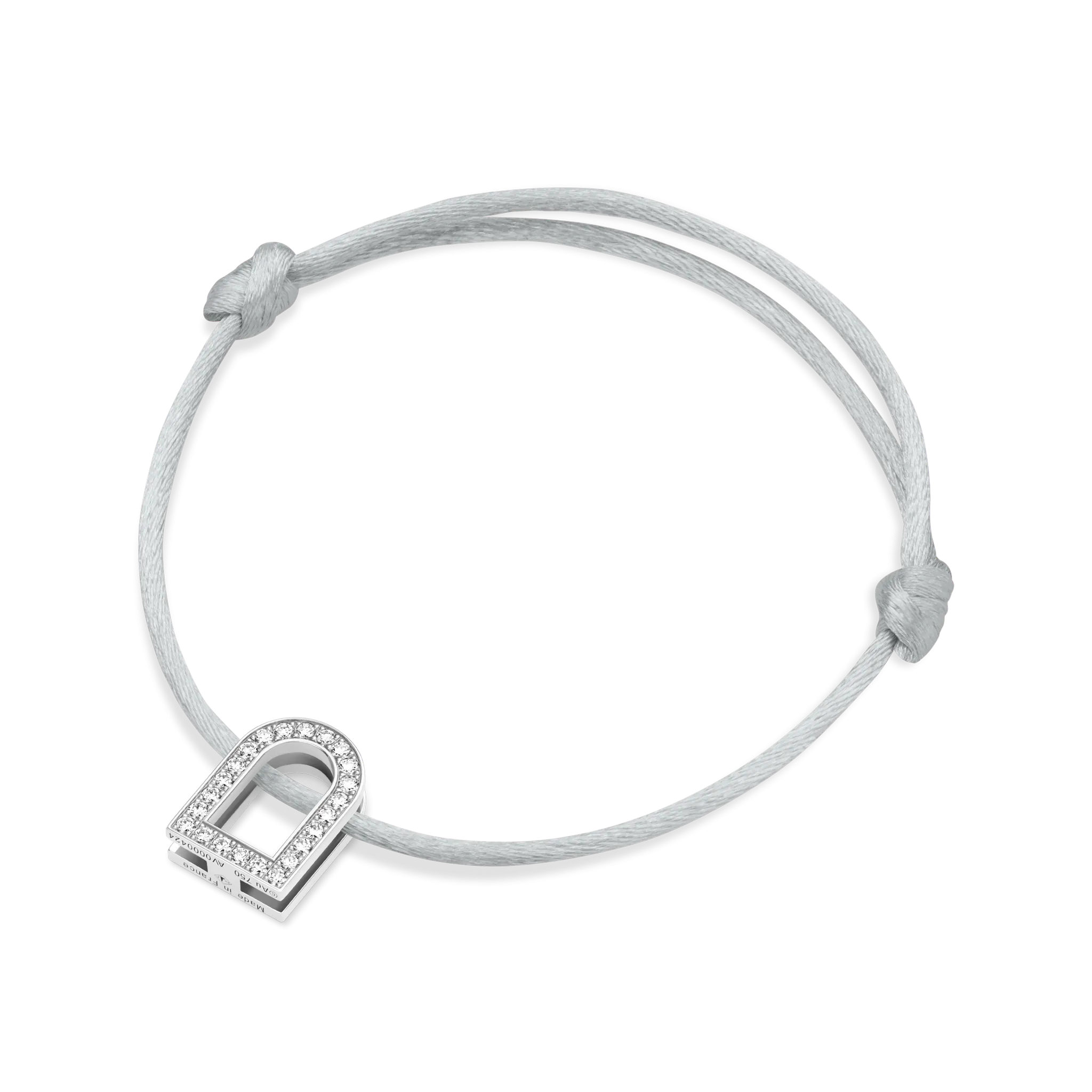 L'Arc Voyage Charm GM, 18k White Gold with Galerie Diamonds on Silk Cord Bracelet