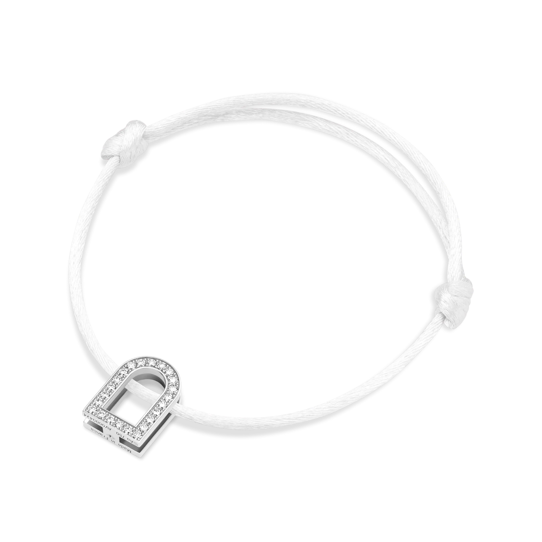 L'Arc Voyage Charm GM, 18k White Gold with Galerie Diamonds on Silk Cord Bracelet