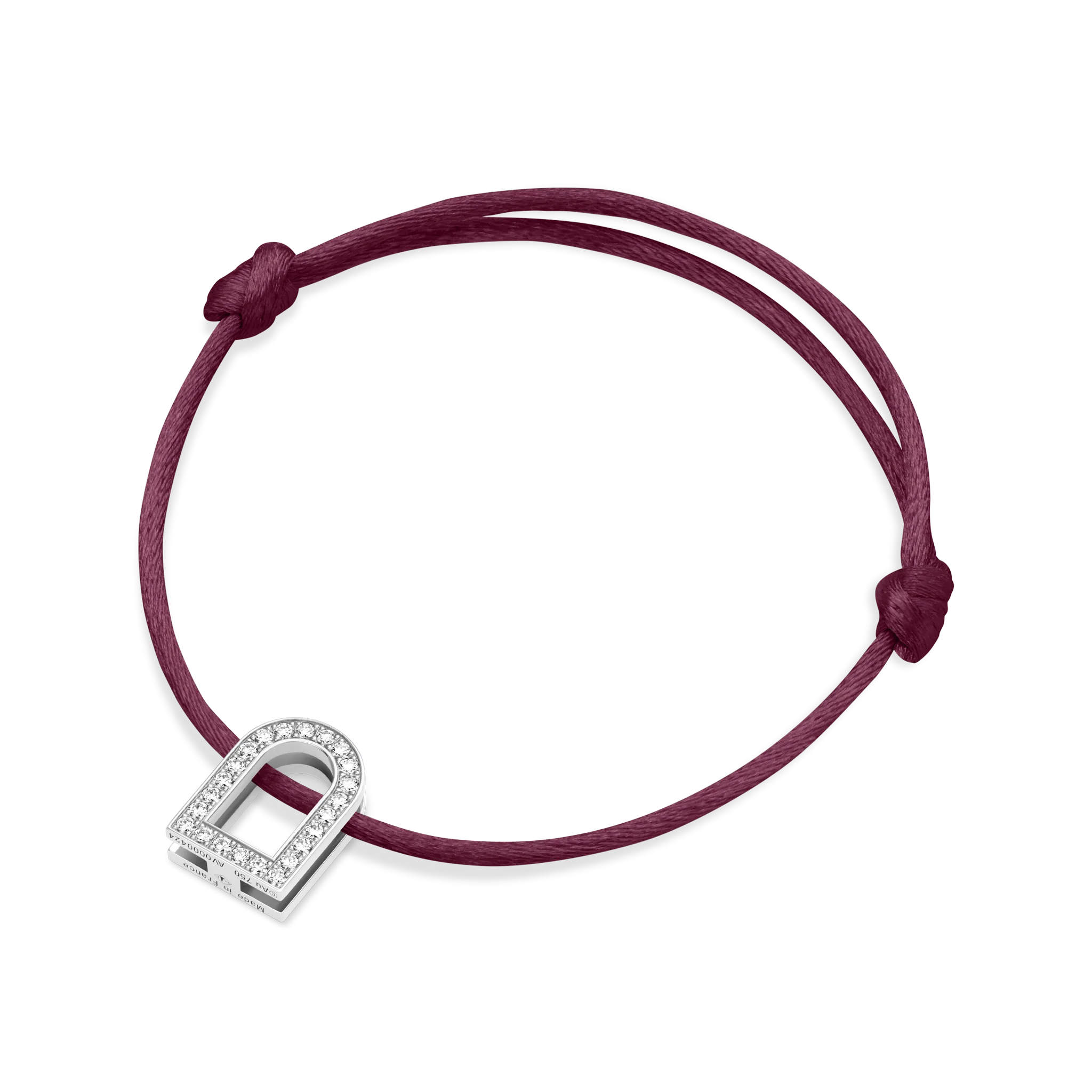 L'Arc Voyage Charm GM, 18k White Gold with Galerie Diamonds on Silk Cord Bracelet