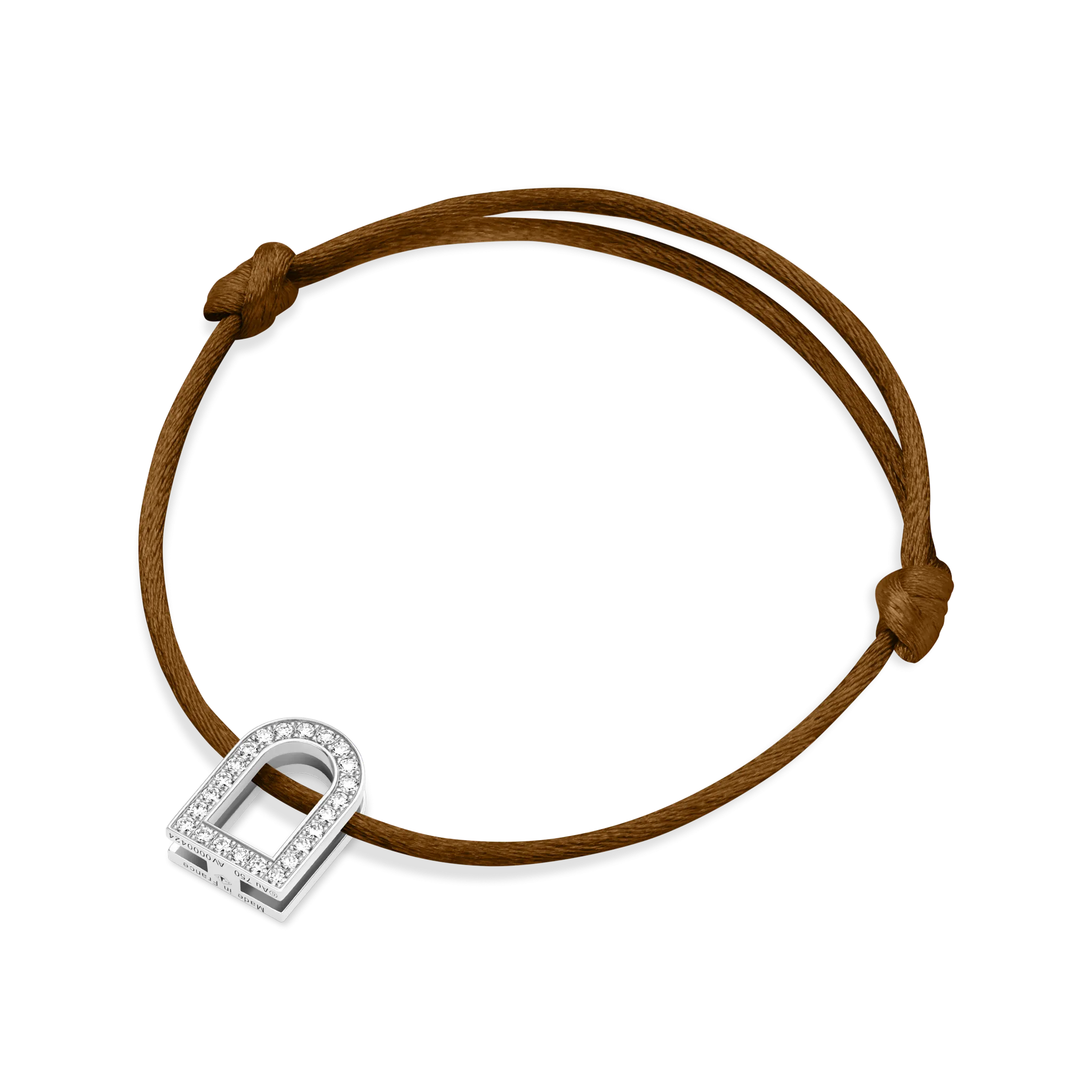 L'Arc Voyage Charm GM, 18k White Gold with Galerie Diamonds on Silk Cord Bracelet