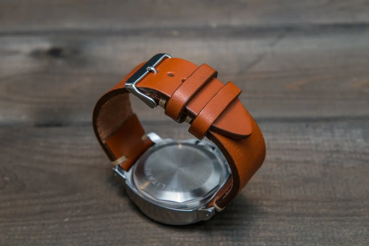 Leather watch strap 3-4 mm thick, Cognac color, handmade in Finland -  16mm, 17 mm, 18mm, 19 mm, 20mm, 21mm, 22mm, 23 mm, 24mm, 25 mm, 26 mm.