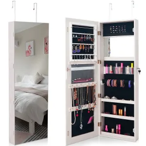 Lockable Storage Jewelry Cabinet  with Frameless Mirror-White