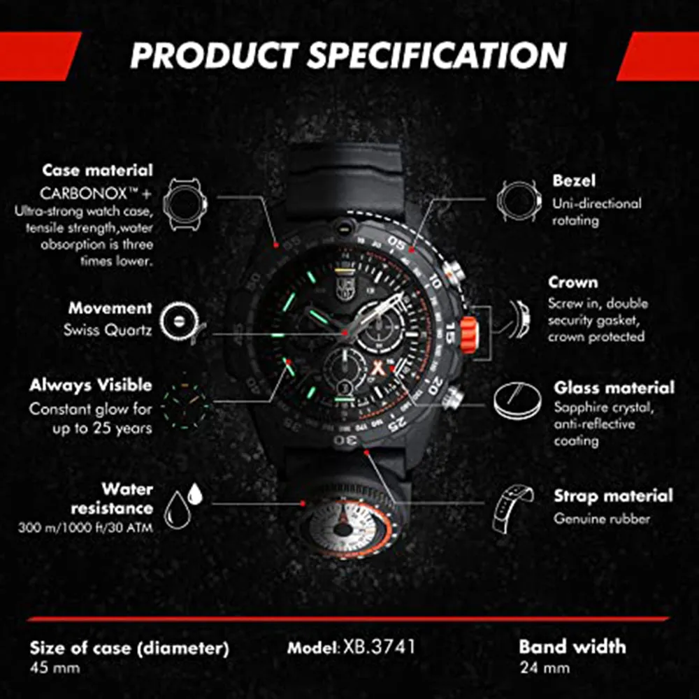LUMINOX Men's Black Dial Silicon Band Quartz Watch - XB.3741