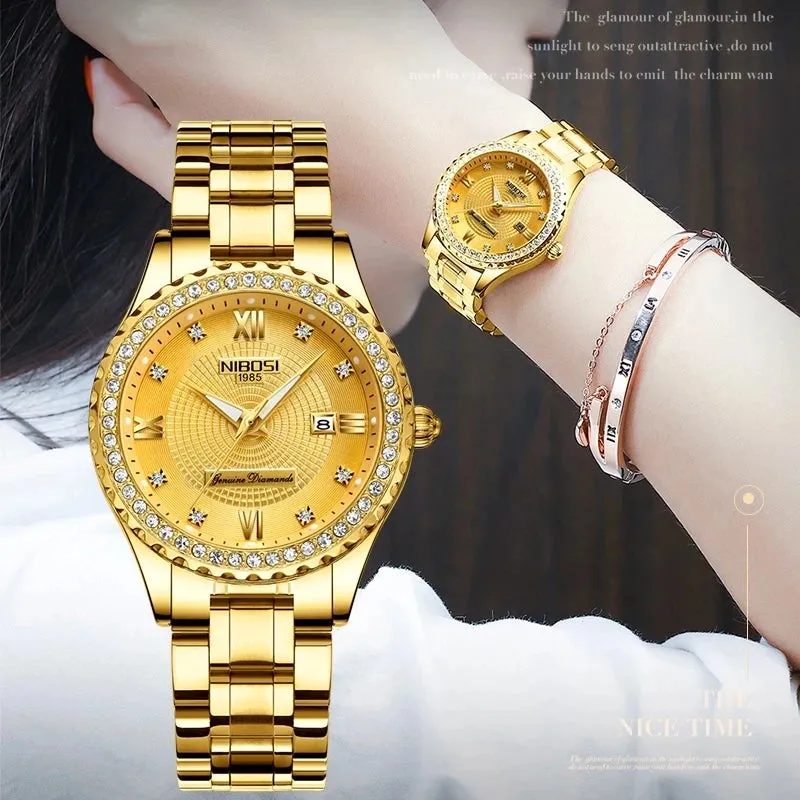 Luxury Women's Gold Quartz Watch - Stainless Steel, Waterproof, Date Display, Fashion Diamond Design, Relogio Feminino