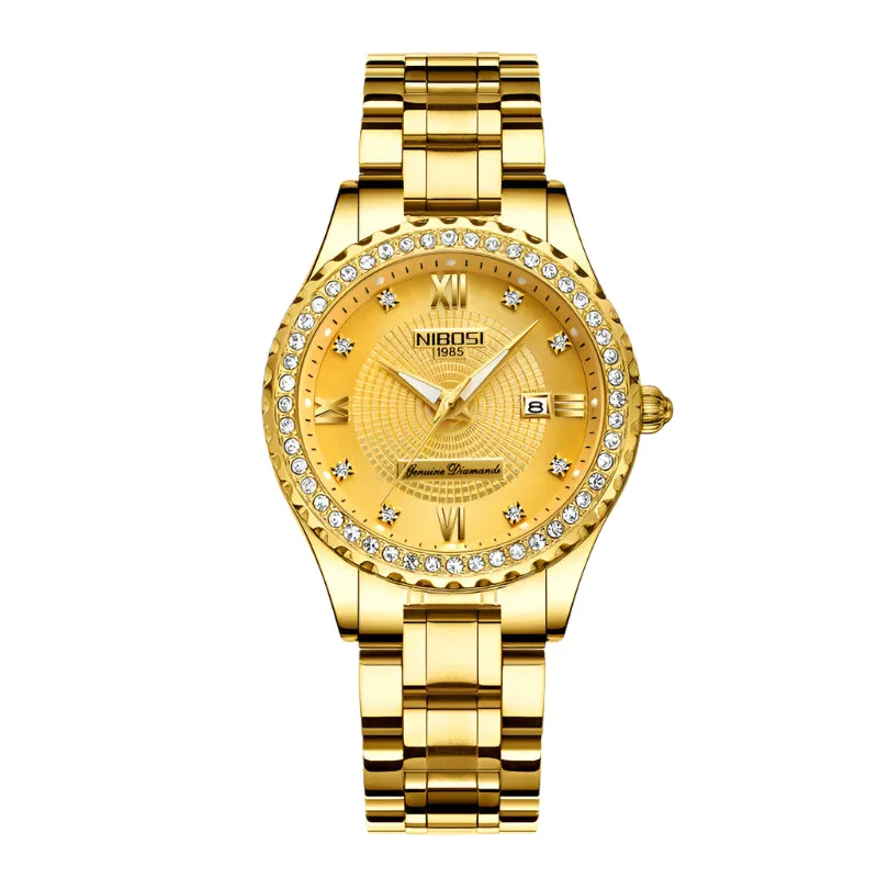Luxury Women's Gold Quartz Watch - Stainless Steel, Waterproof, Date Display, Fashion Diamond Design, Relogio Feminino