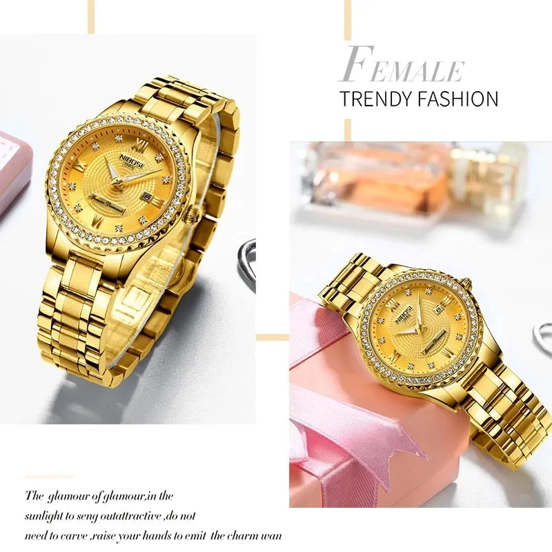 Luxury Women's Gold Quartz Watch - Stainless Steel, Waterproof, Date Display, Fashion Diamond Design, Relogio Feminino