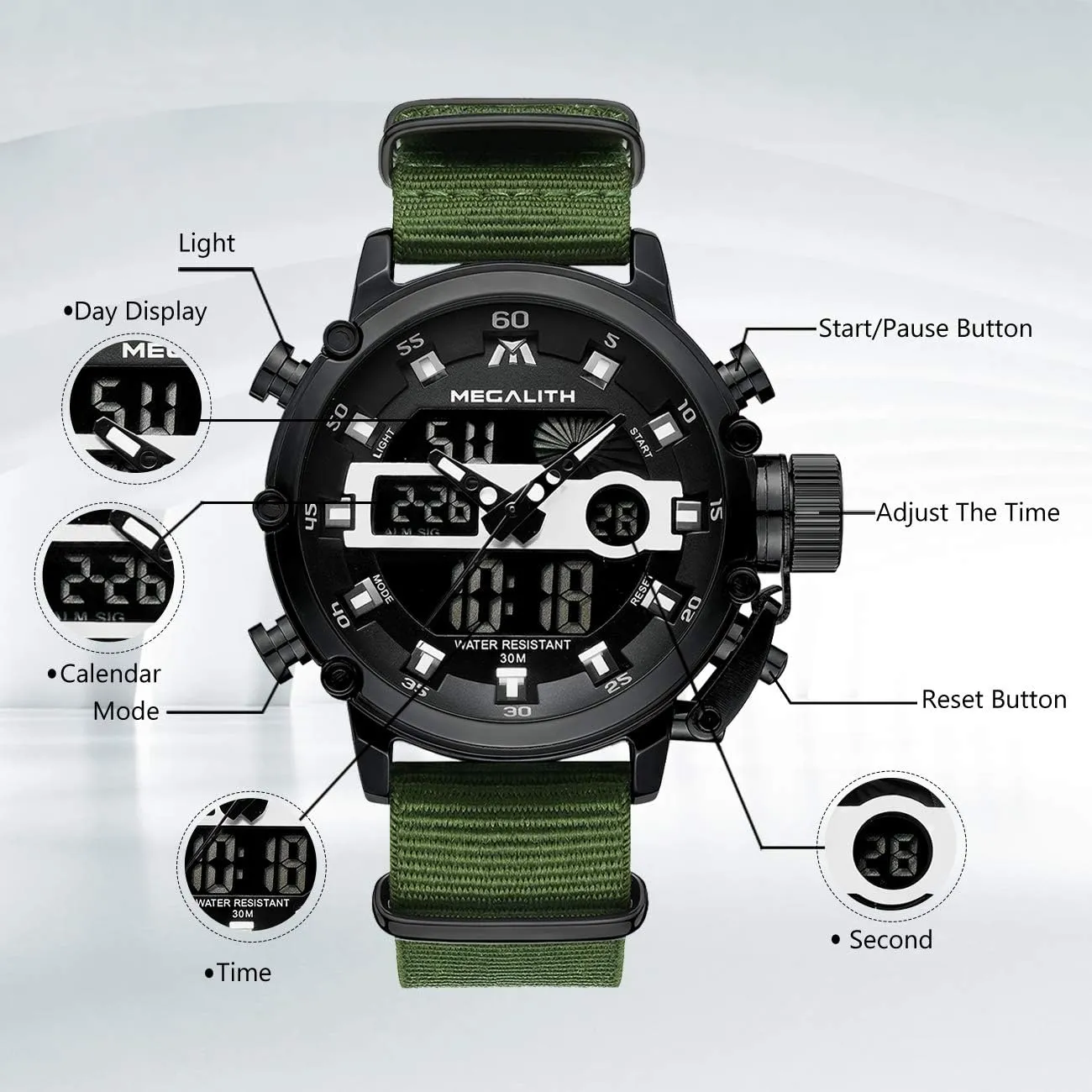 MEGALITH Mens Watches Waterproof Digital Military Sport Tactical Multifunction Heavy Duty Led Rugged Watch for Men, Alarm Stopwatch, Nylon/Leather Strap