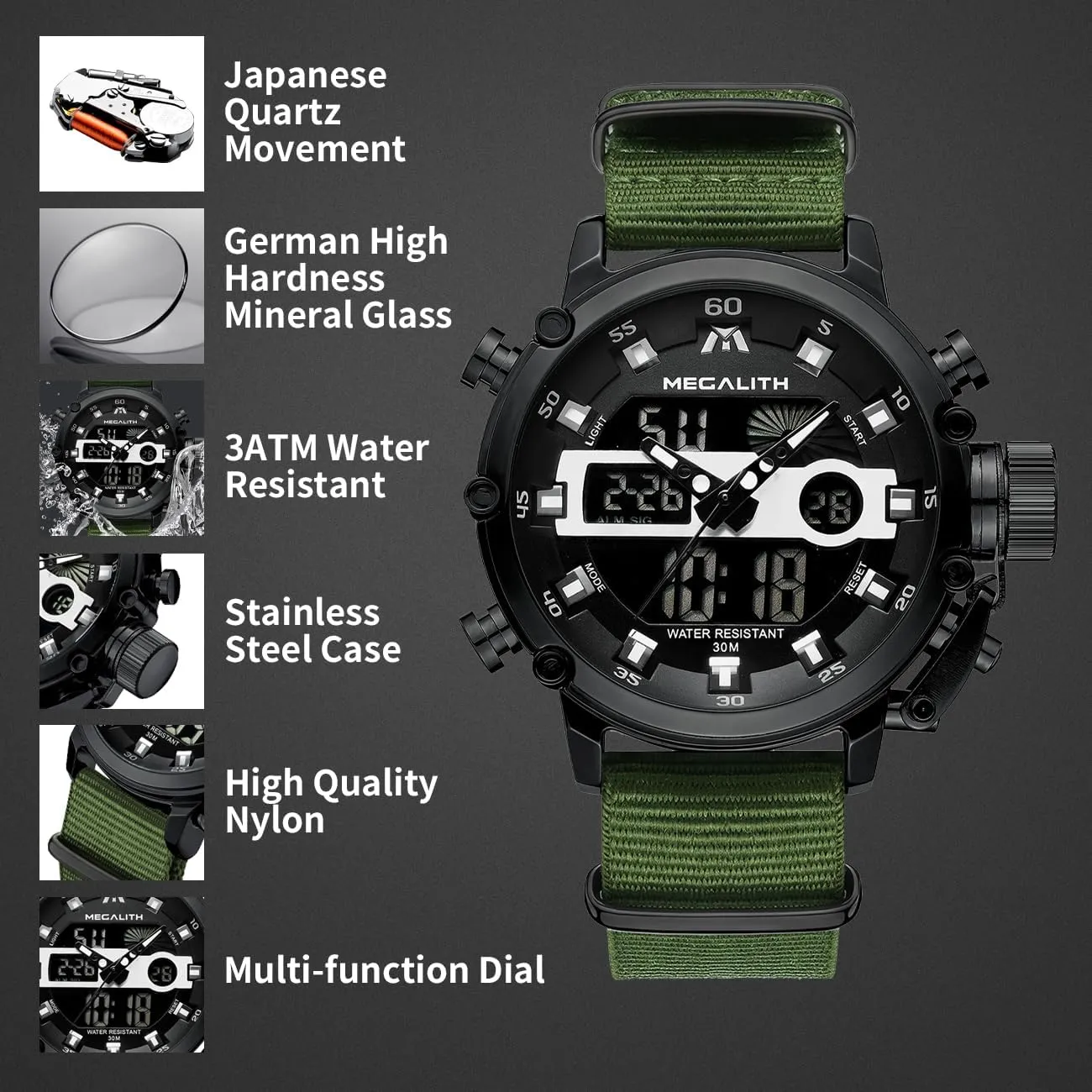 MEGALITH Mens Watches Waterproof Digital Military Sport Tactical Multifunction Heavy Duty Led Rugged Watch for Men, Alarm Stopwatch, Nylon/Leather Strap