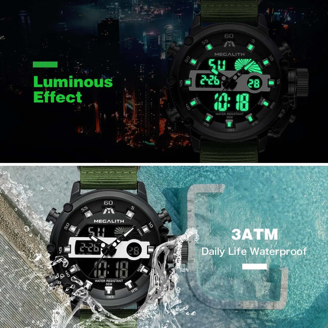 MEGALITH Mens Watches Waterproof Digital Military Sport Tactical Multifunction Heavy Duty Led Rugged Watch for Men, Alarm Stopwatch, Nylon/Leather Strap