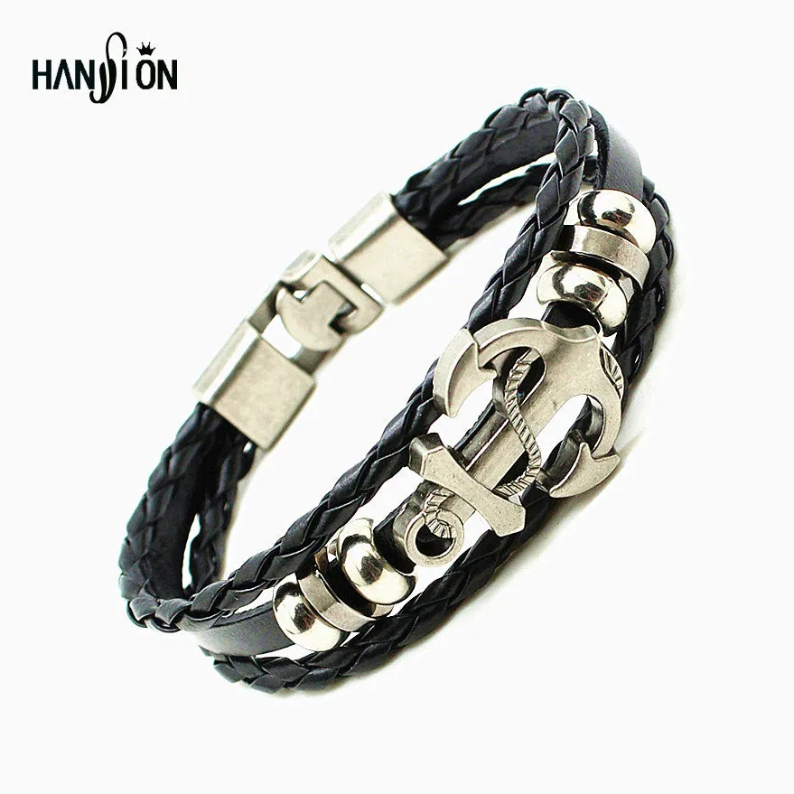 Men's Anchor Bracelet&Bangle Male Multilayer Accessories Homme Jewelry Black Color Leather Bracelets Valentine's Day Gift