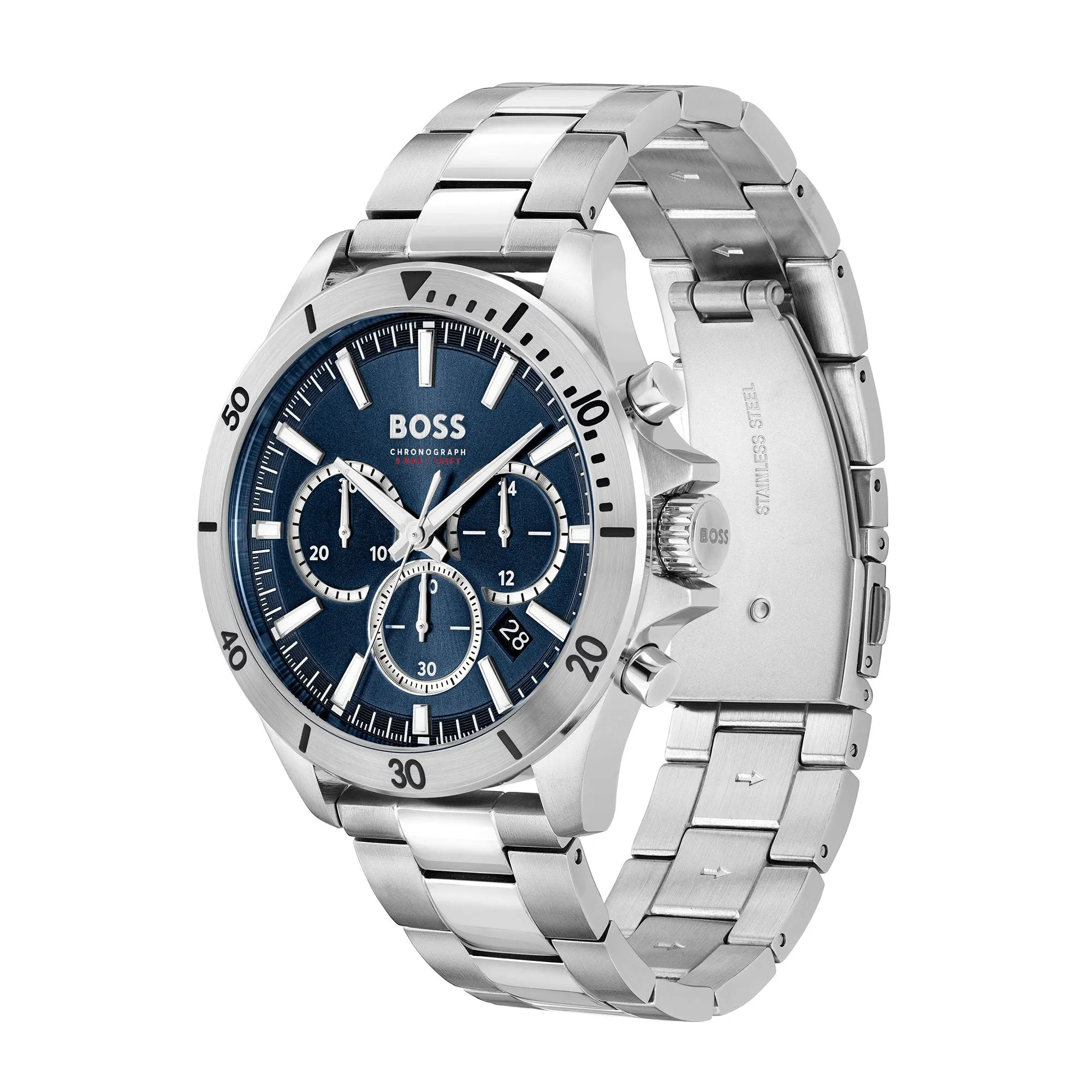 Mens BOSS Silver/Blue Troper Bracelet Watch