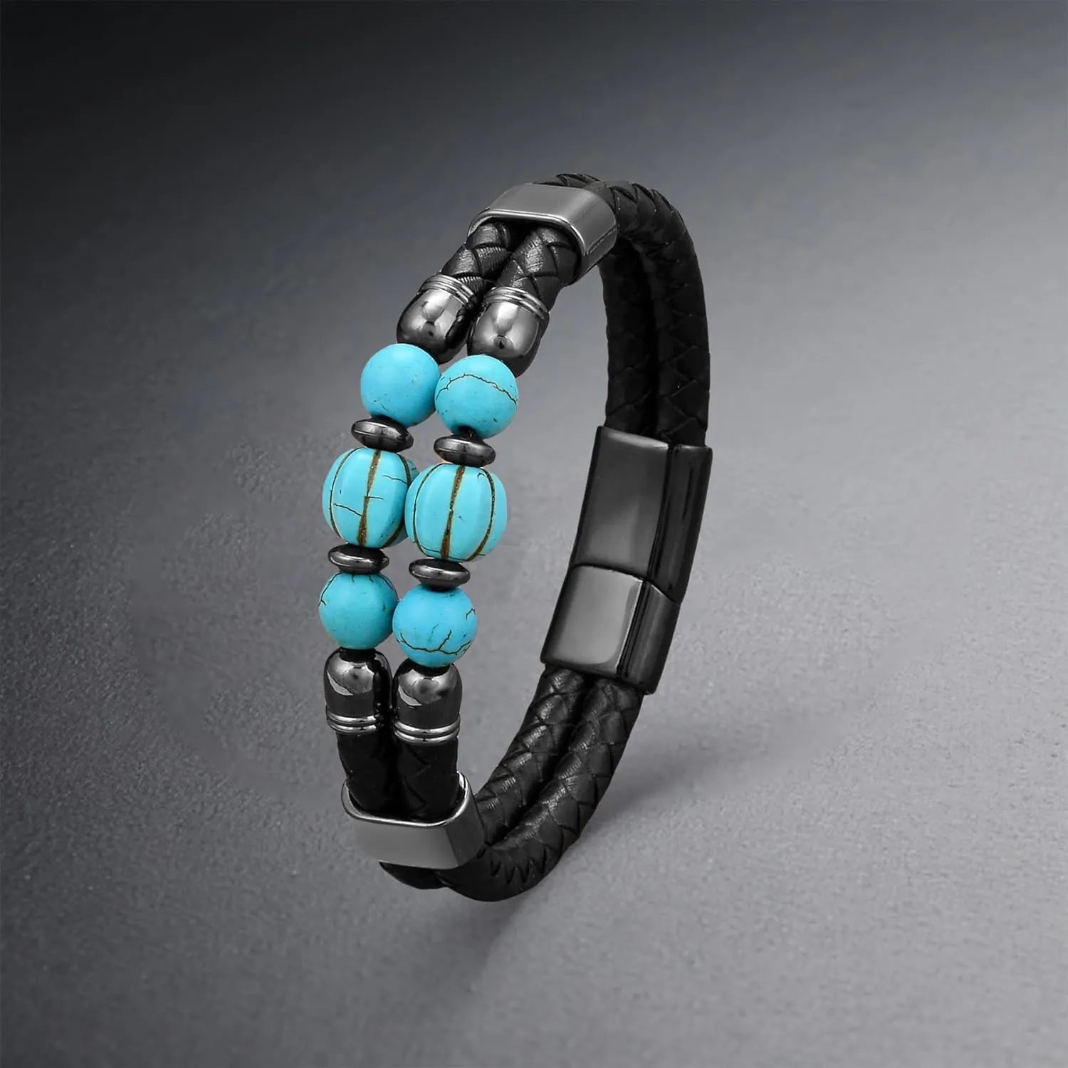 Men's Leather Bracelet, Turquoise/Tiger's Eye/Lapis/Black Onyx Protection Healing Stone Beads Jewelry for Men, 8.27 inch/21 cm