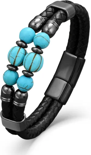 Men's Leather Bracelet, Turquoise/Tiger's Eye/Lapis/Black Onyx Protection Healing Stone Beads Jewelry for Men, 8.27 inch/21 cm