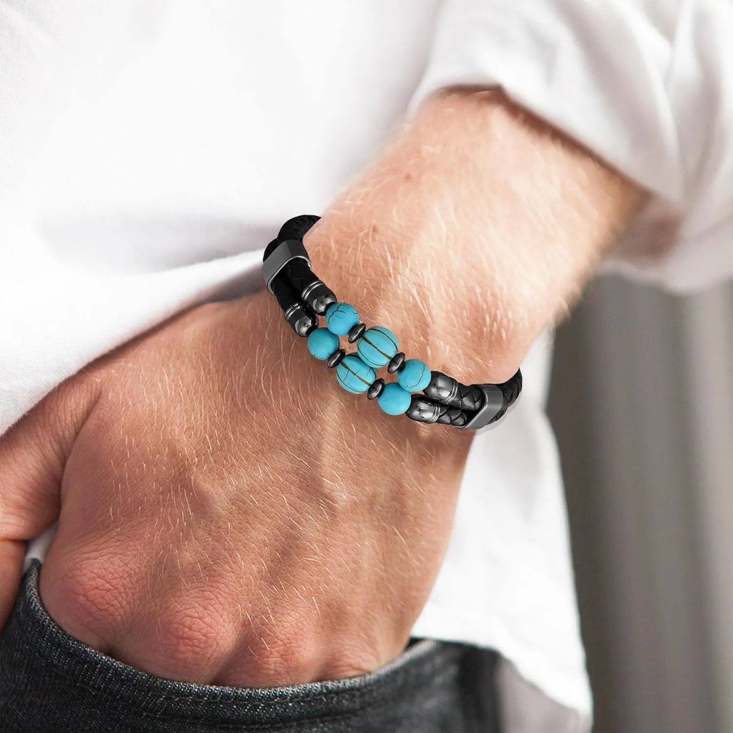 Men's Leather Bracelet, Turquoise/Tiger's Eye/Lapis/Black Onyx Protection Healing Stone Beads Jewelry for Men, 8.27 inch/21 cm