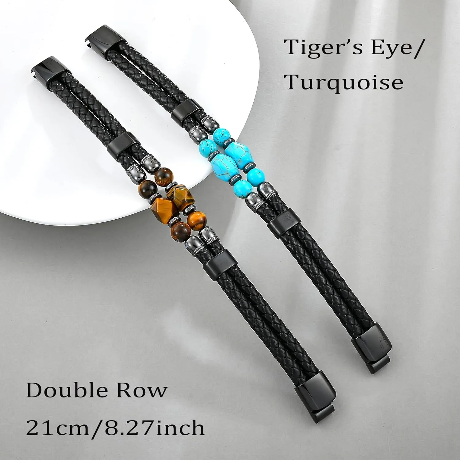 Men's Leather Bracelet, Turquoise/Tiger's Eye/Lapis/Black Onyx Protection Healing Stone Beads Jewelry for Men, 8.27 inch/21 cm