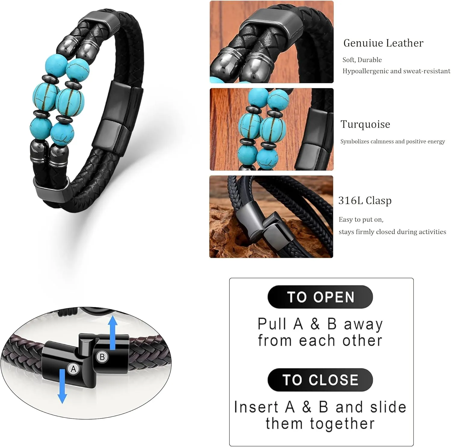 Men's Leather Bracelet, Turquoise/Tiger's Eye/Lapis/Black Onyx Protection Healing Stone Beads Jewelry for Men, 8.27 inch/21 cm