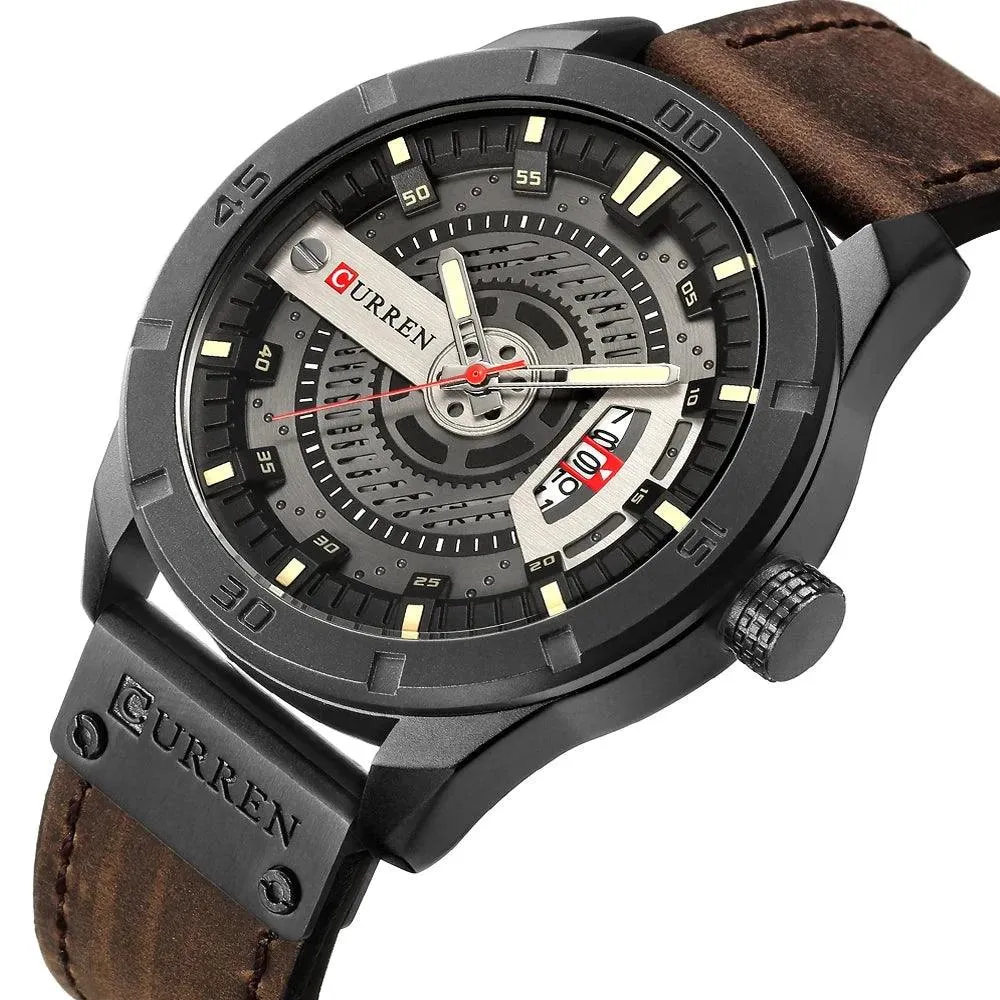 Mens Military Sports Watch Quartz Leather Wristwatch with Date and 3Bar