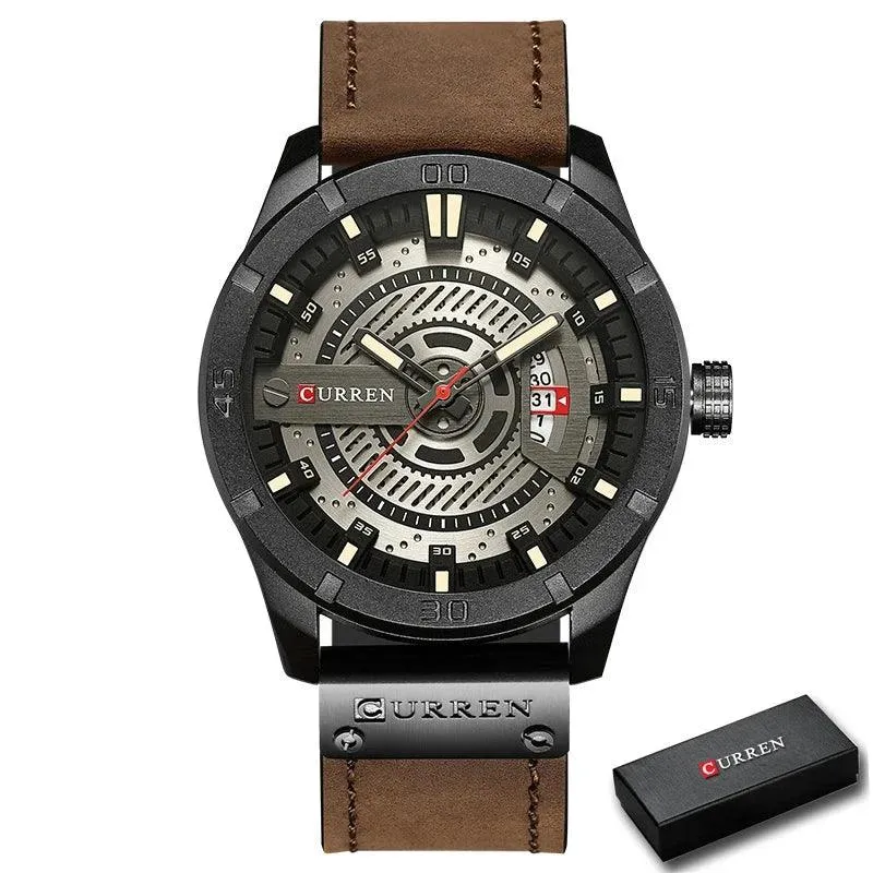 Mens Military Sports Watch Quartz Leather Wristwatch with Date and 3Bar