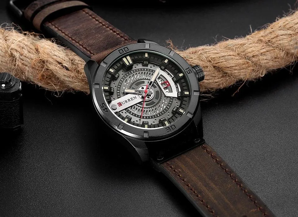 Mens Military Sports Watch Quartz Leather Wristwatch with Date and 3Bar