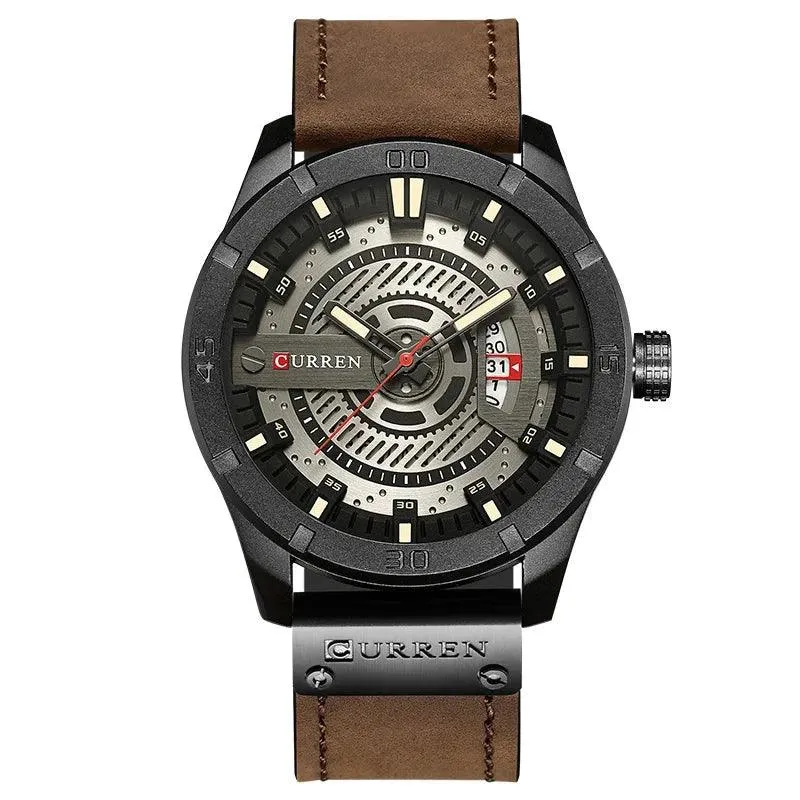 Mens Military Sports Watch Quartz Leather Wristwatch with Date and 3Bar