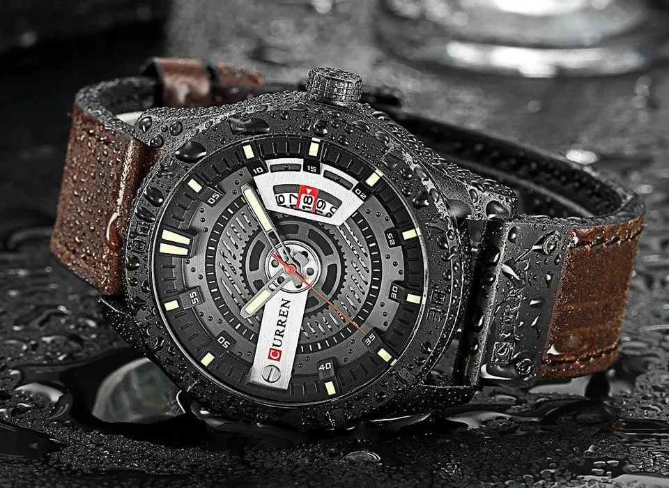 Mens Military Sports Watch Quartz Leather Wristwatch with Date and 3Bar