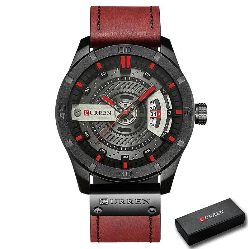 Mens Military Sports Watch Quartz Leather Wristwatch with Date and 3Bar