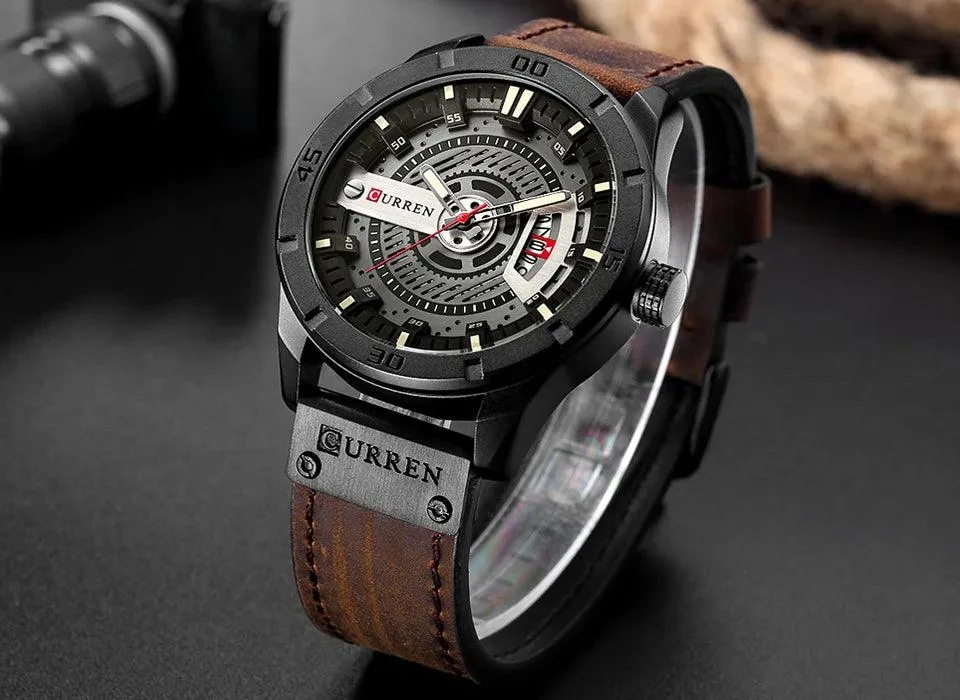 Mens Military Sports Watch Quartz Leather Wristwatch with Date and 3Bar
