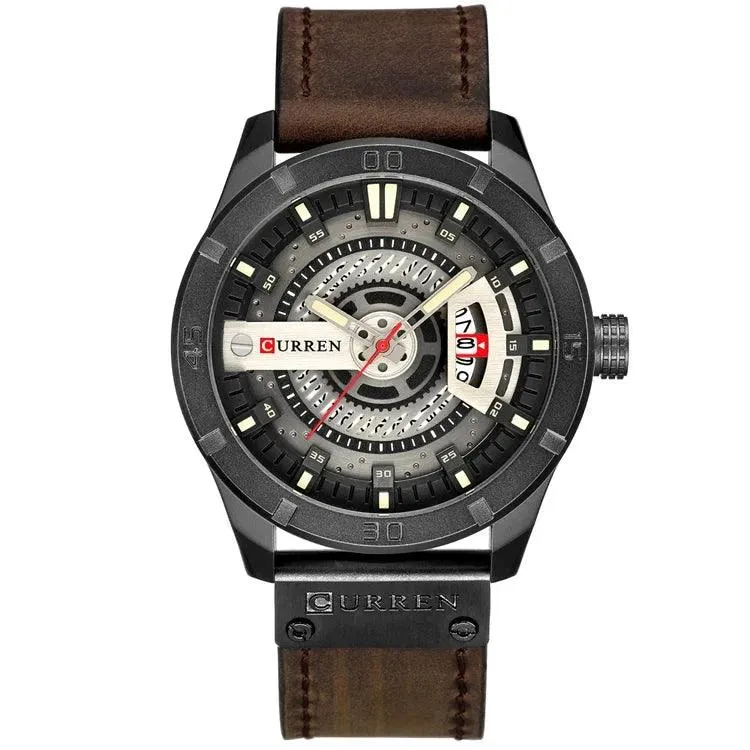 Mens Military Sports Watch Quartz Leather Wristwatch with Date and 3Bar