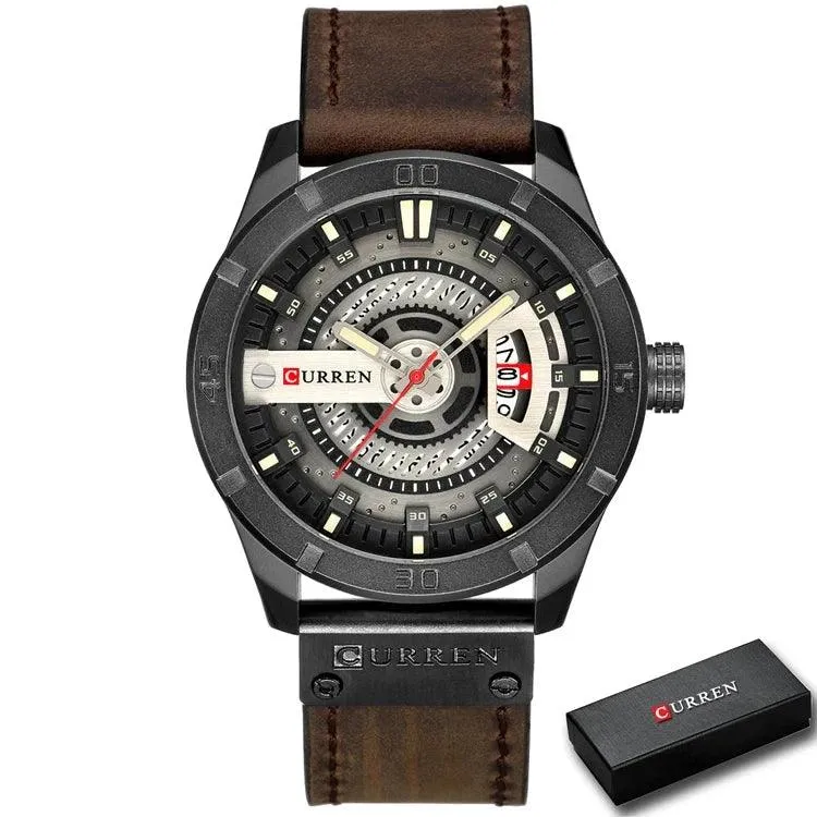 Mens Military Sports Watch Quartz Leather Wristwatch with Date and 3Bar