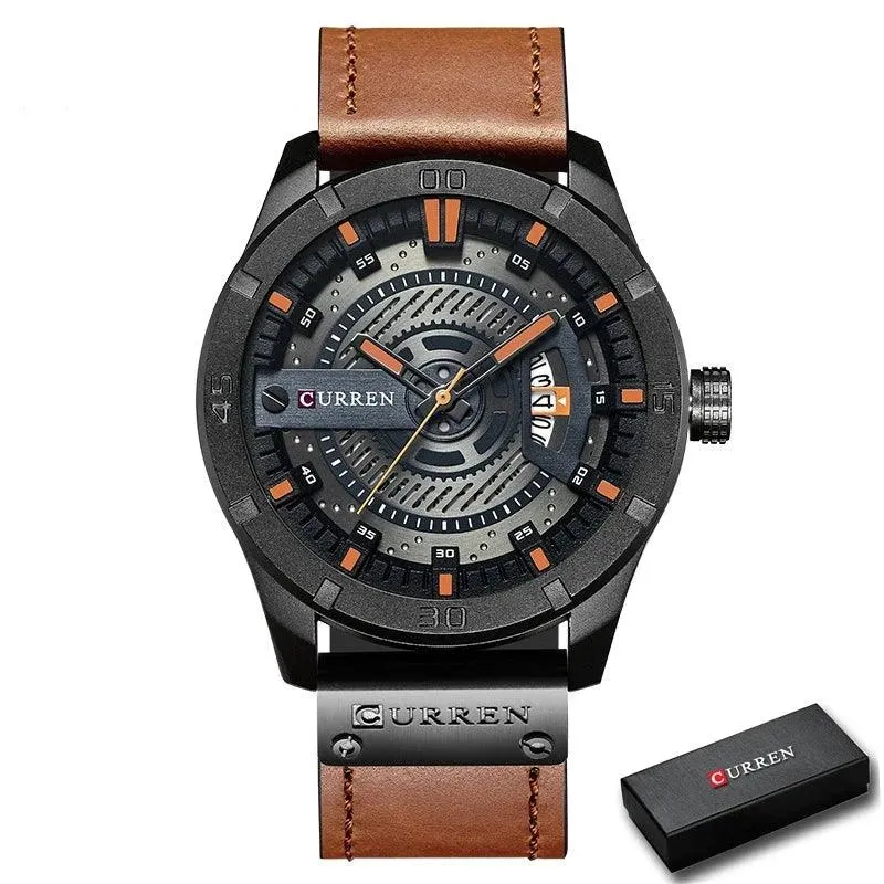 Mens Military Sports Watch Quartz Leather Wristwatch with Date and 3Bar