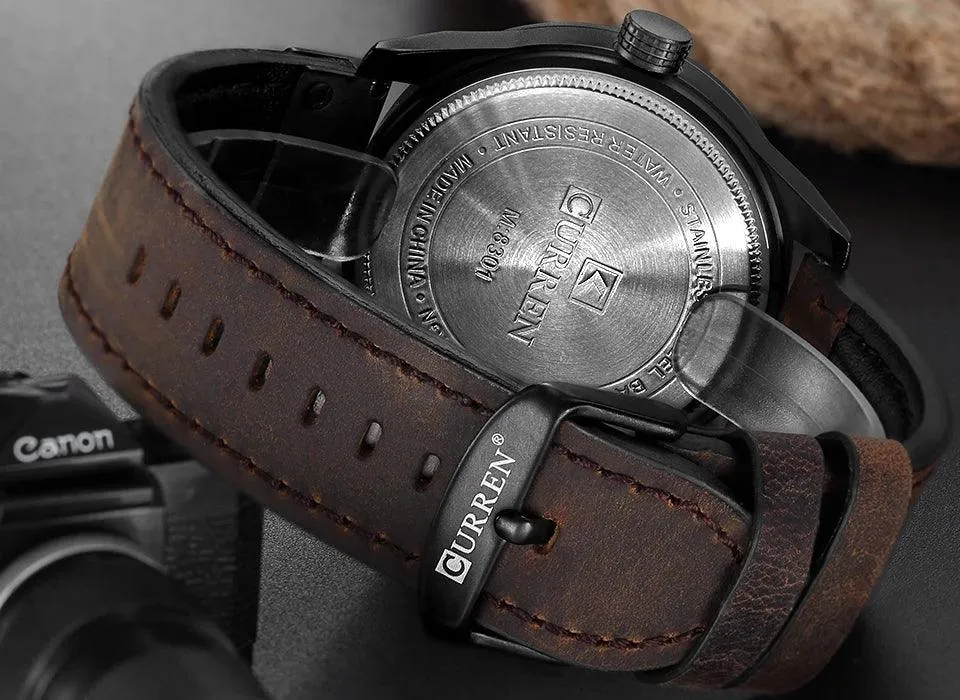 Mens Military Sports Watch Quartz Leather Wristwatch with Date and 3Bar