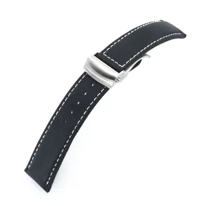 MiLTAT 22mm Matte Black Nubuck Leather Deployment Watch Strap, Beige Stitching