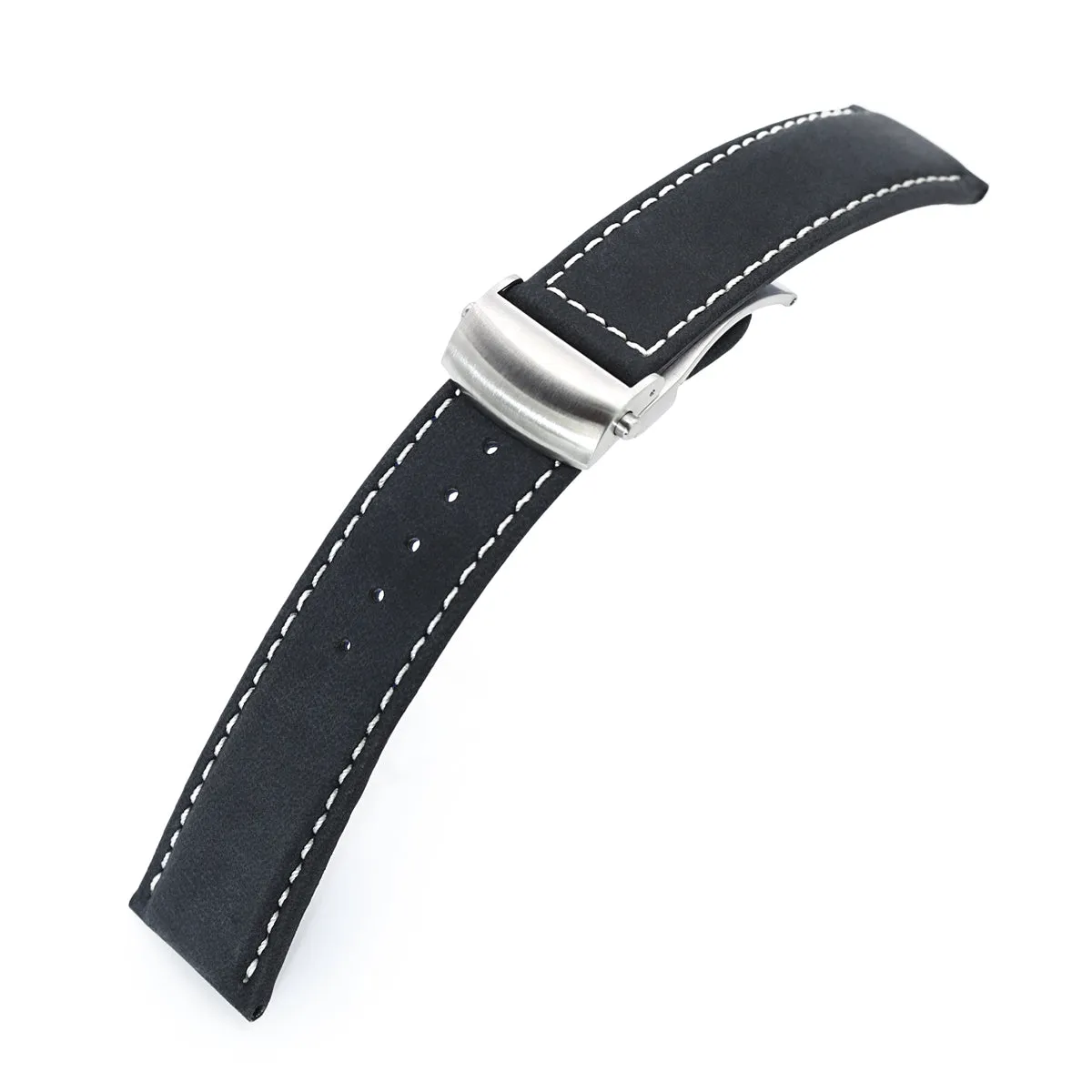 MiLTAT 22mm Matte Black Nubuck Leather Deployment Watch Strap, Beige Stitching