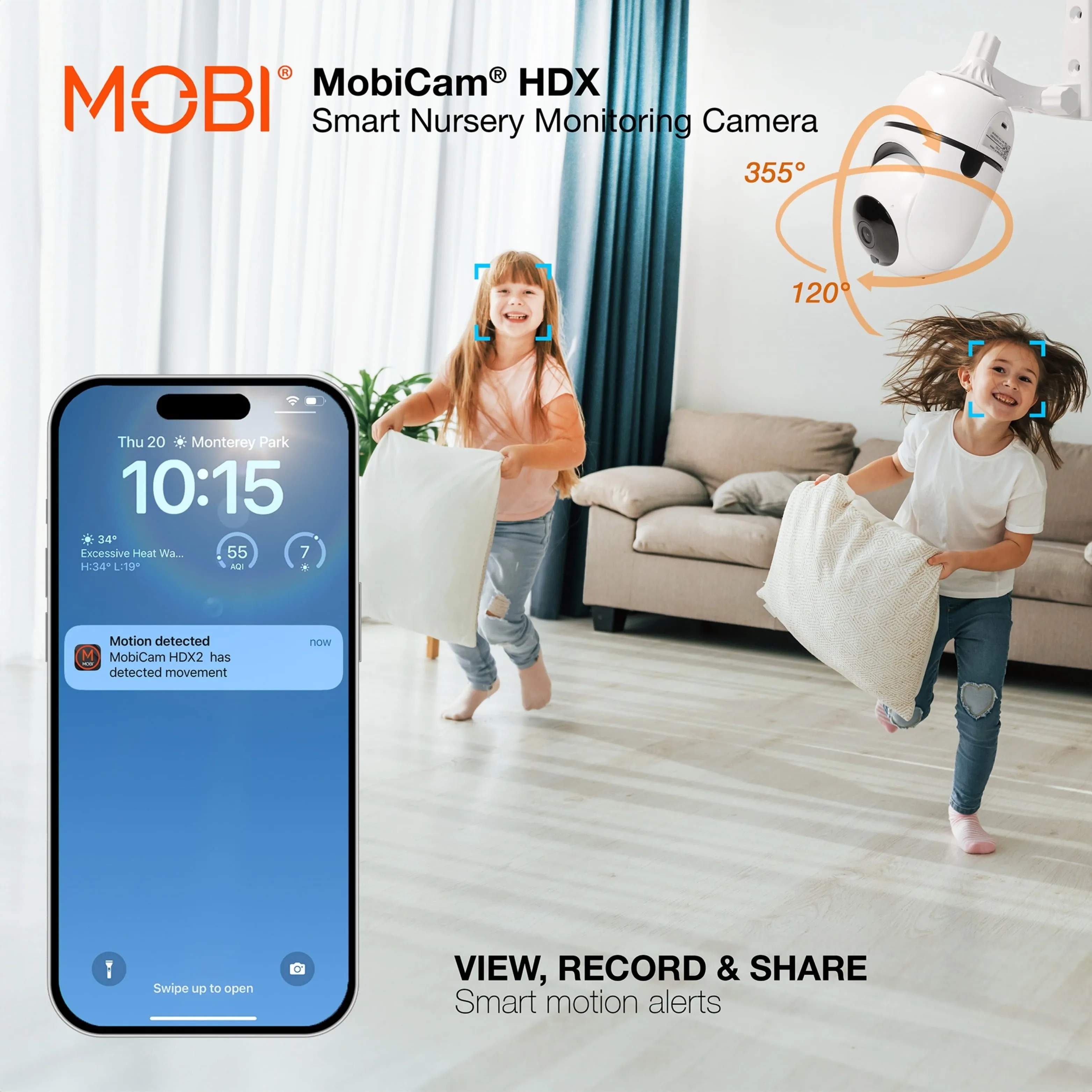 MobiCam HDX Wi-Fi Pan & Tilt Smart Nursery Monitoring Camera, Baby Video Monitor, Night Vision, Motion Detection, Full HD, Two-Way Audio, Remote View & Recording with Free Smart App
