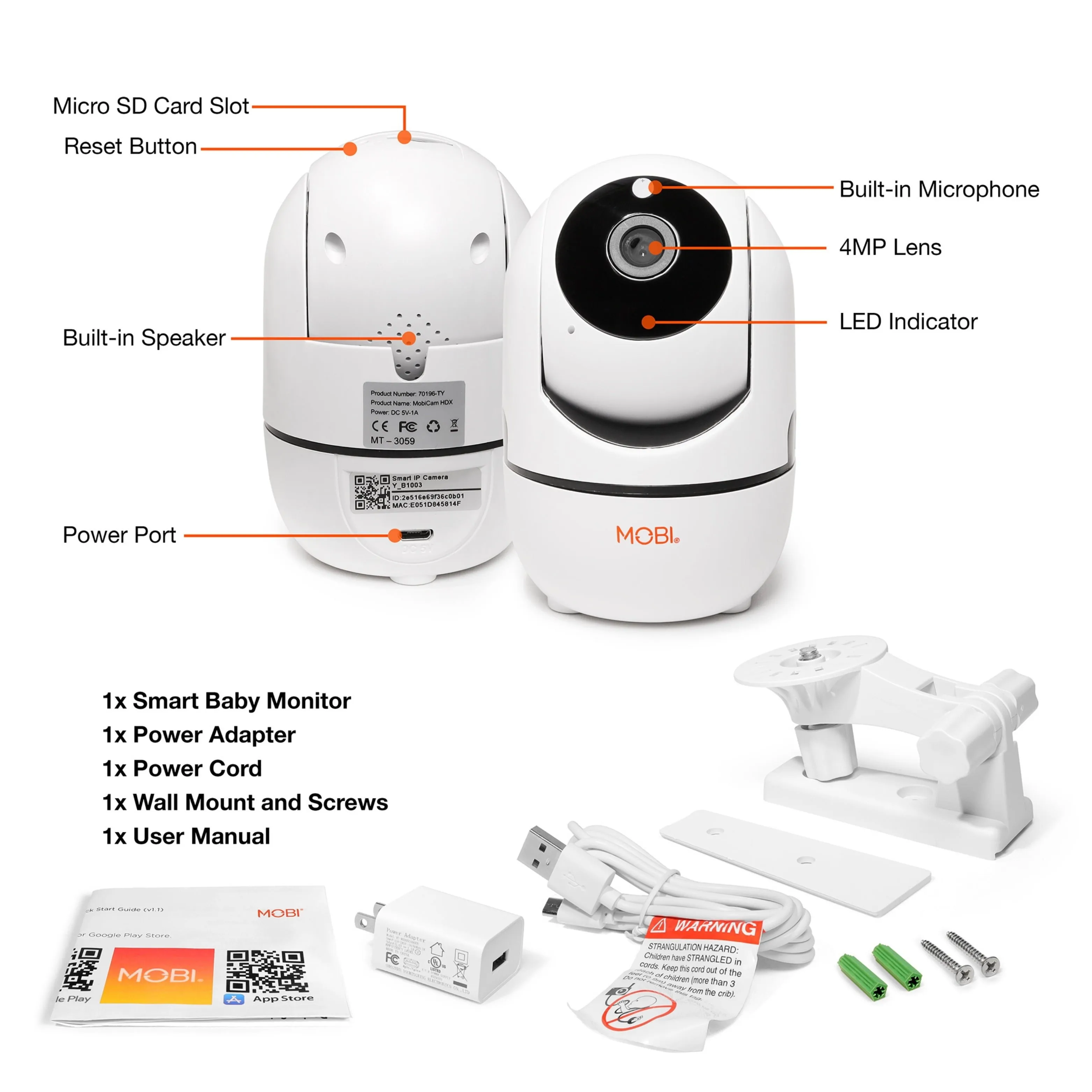 MobiCam HDX Wi-Fi Pan & Tilt Smart Nursery Monitoring Camera, Baby Video Monitor, Night Vision, Motion Detection, Full HD, Two-Way Audio, Remote View & Recording with Free Smart App