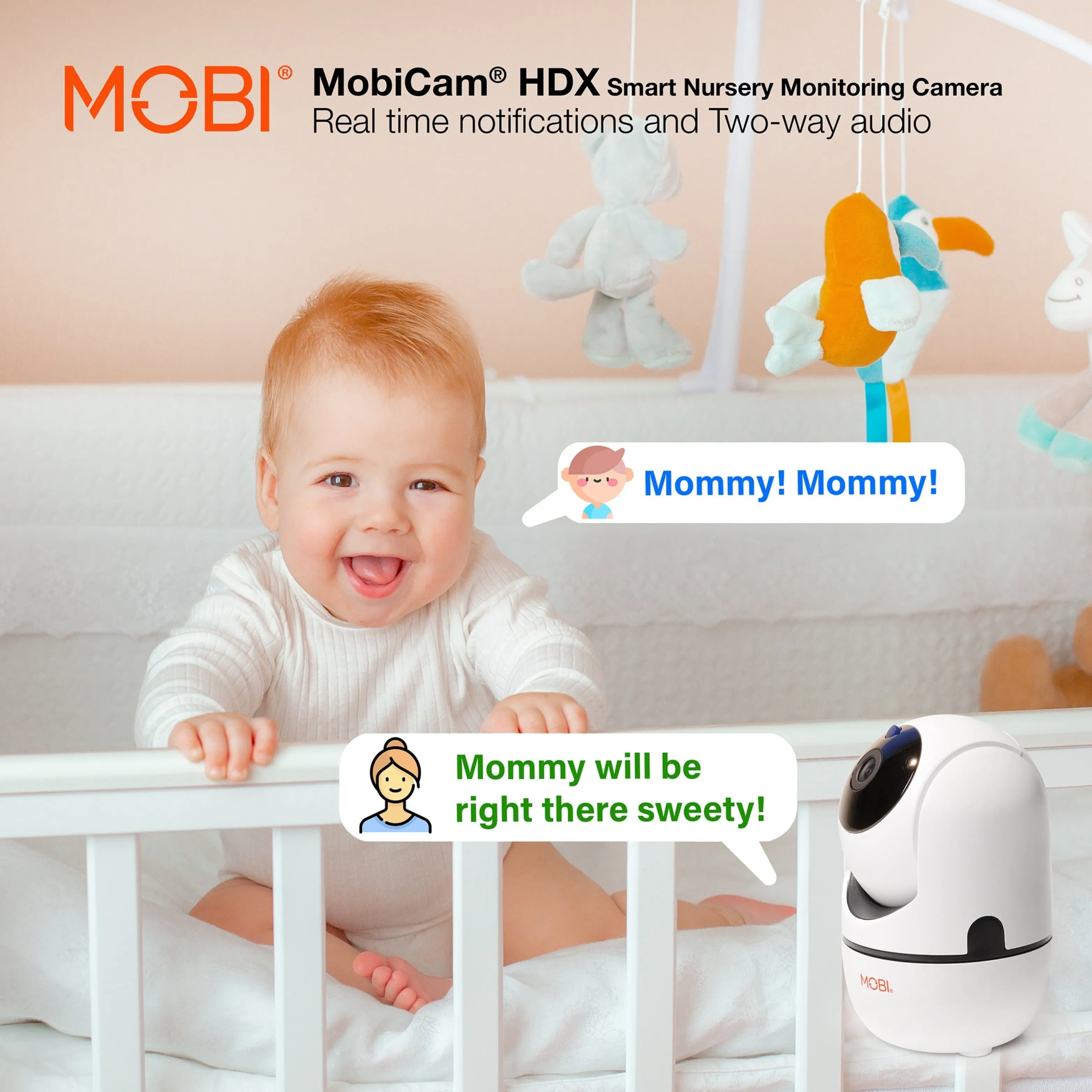MobiCam HDX Wi-Fi Pan & Tilt Smart Nursery Monitoring Camera, Baby Video Monitor, Night Vision, Motion Detection, Full HD, Two-Way Audio, Remote View & Recording with Free Smart App