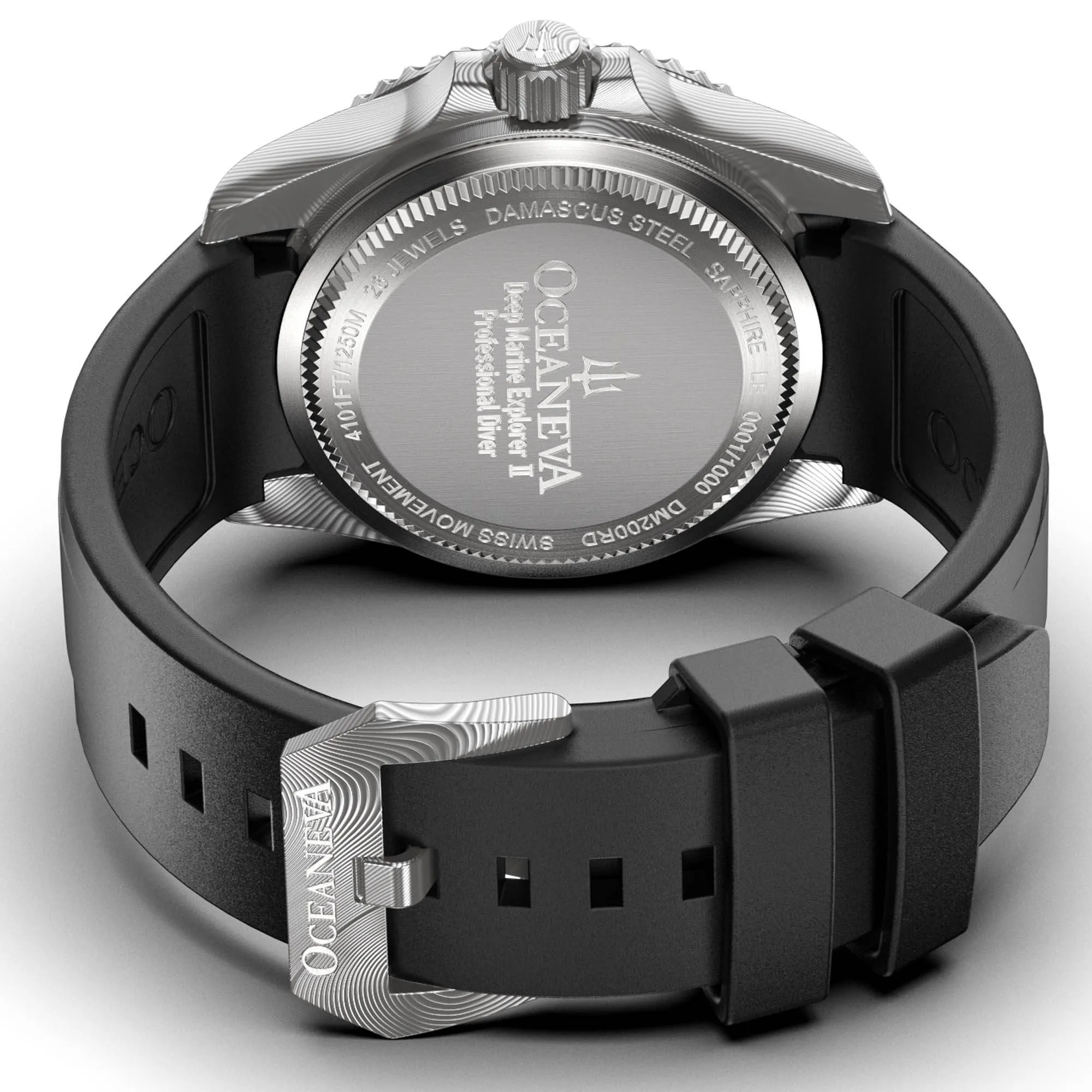 Oceaneva Mens Deep Marine Explorer II Damascus Steel Watch Red Dial