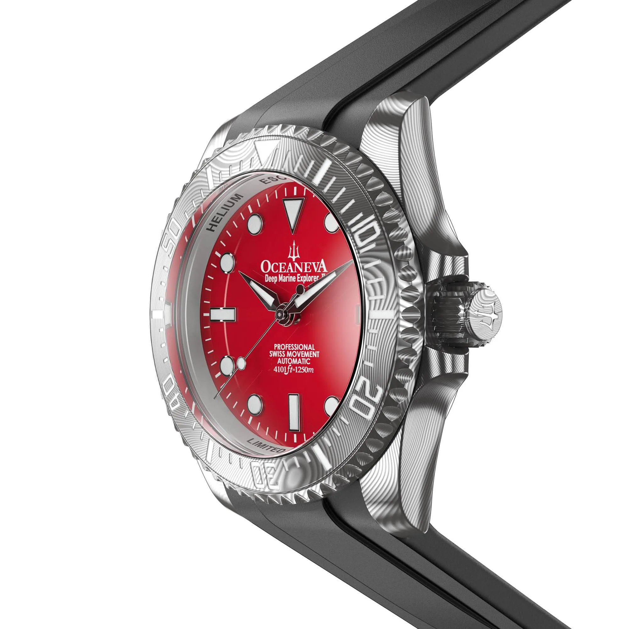 Oceaneva Mens Deep Marine Explorer II Damascus Steel Watch Red Dial