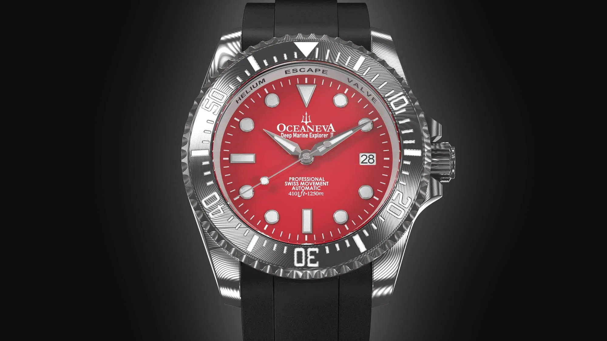 Oceaneva Mens Deep Marine Explorer II Damascus Steel Watch Red Dial