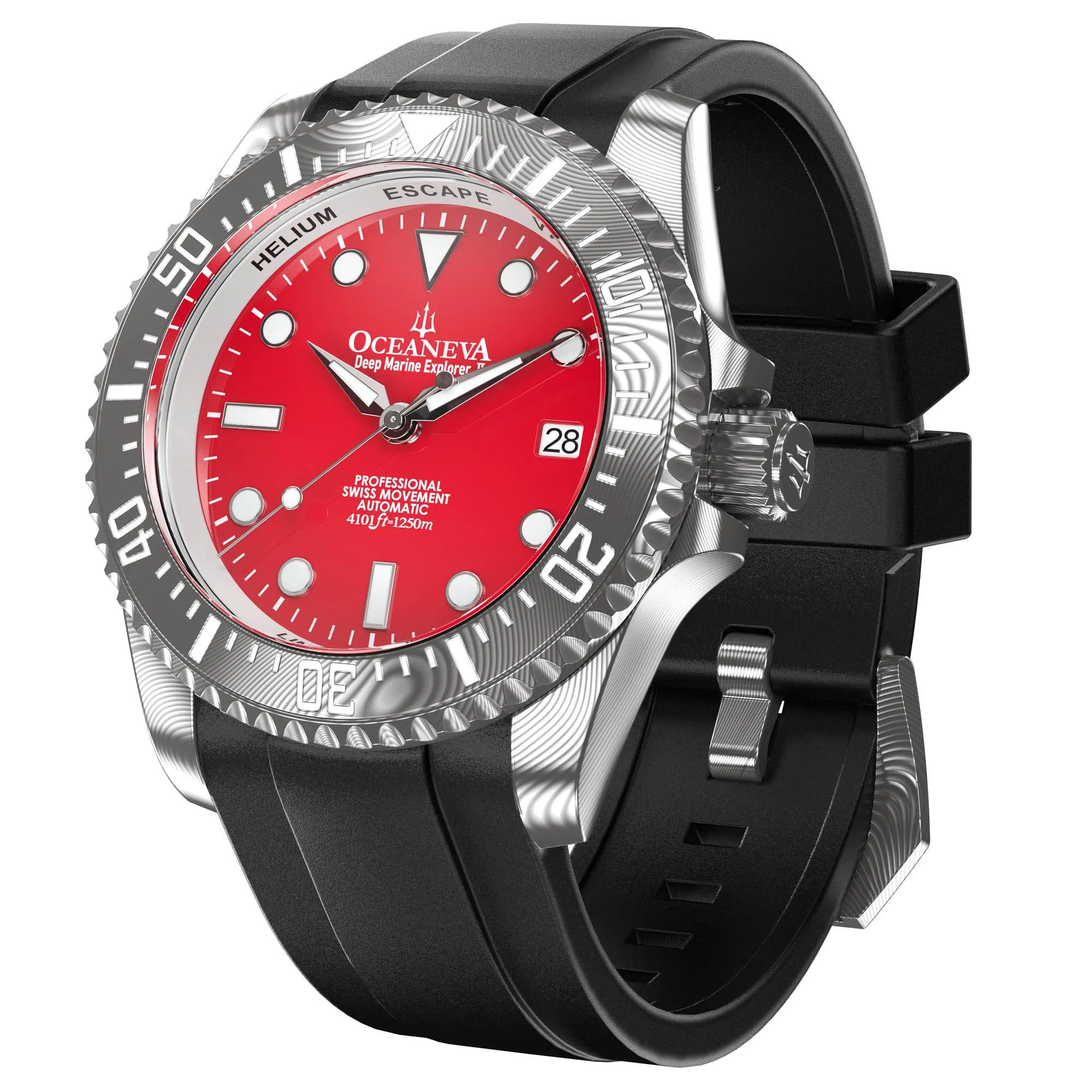 Oceaneva Mens Deep Marine Explorer II Damascus Steel Watch Red Dial