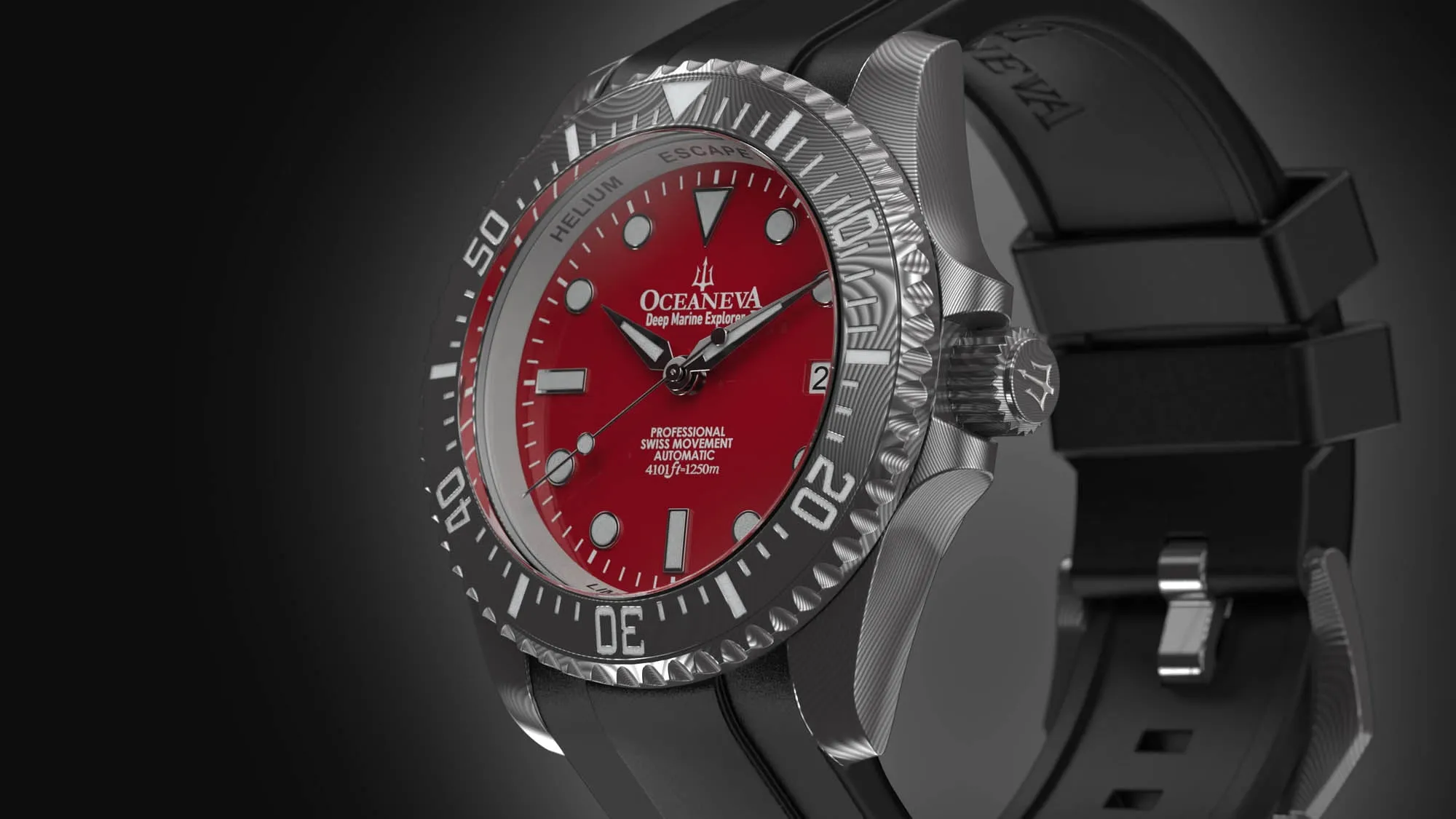 Oceaneva Mens Deep Marine Explorer II Damascus Steel Watch Red Dial