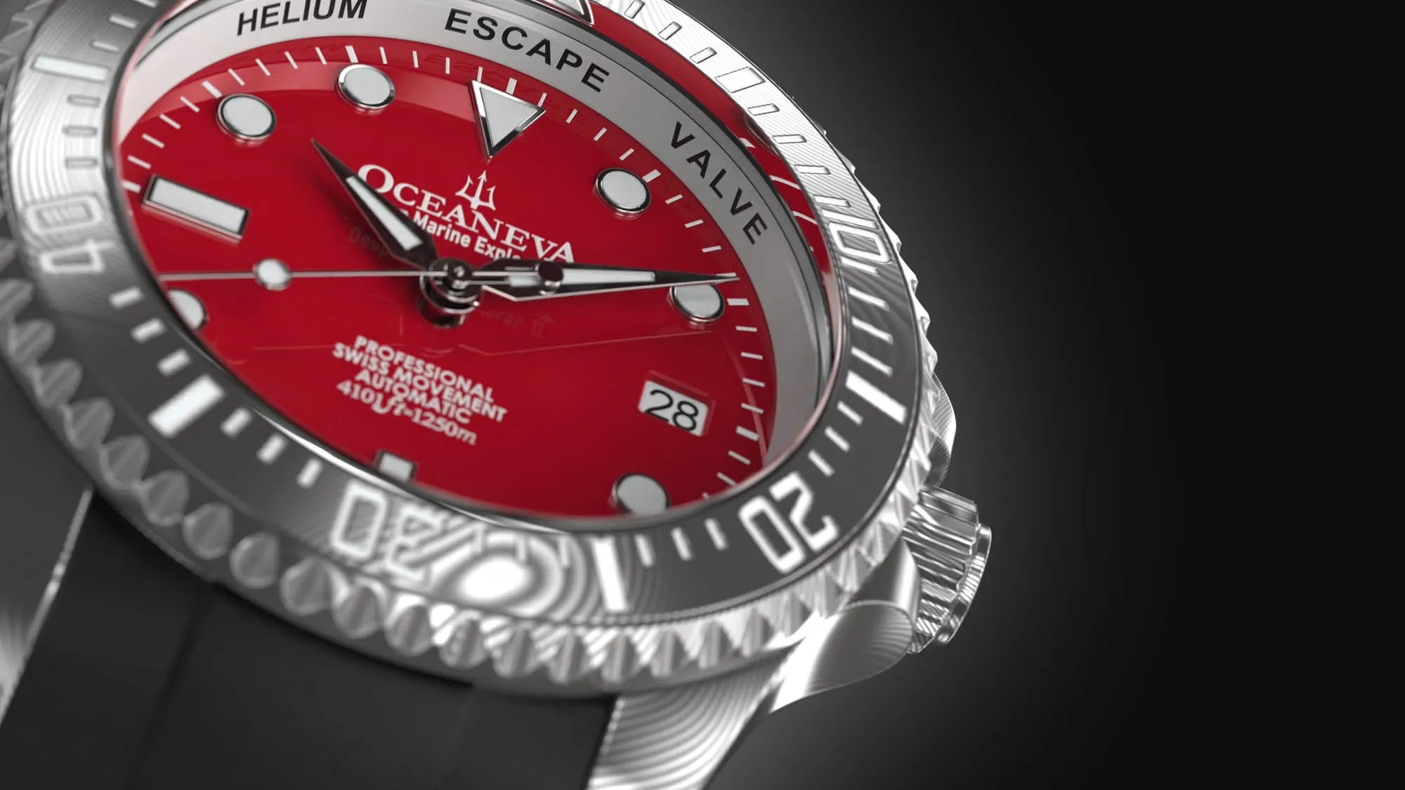 Oceaneva Mens Deep Marine Explorer II Damascus Steel Watch Red Dial