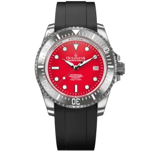 Oceaneva Mens Deep Marine Explorer II Damascus Steel Watch Red Dial