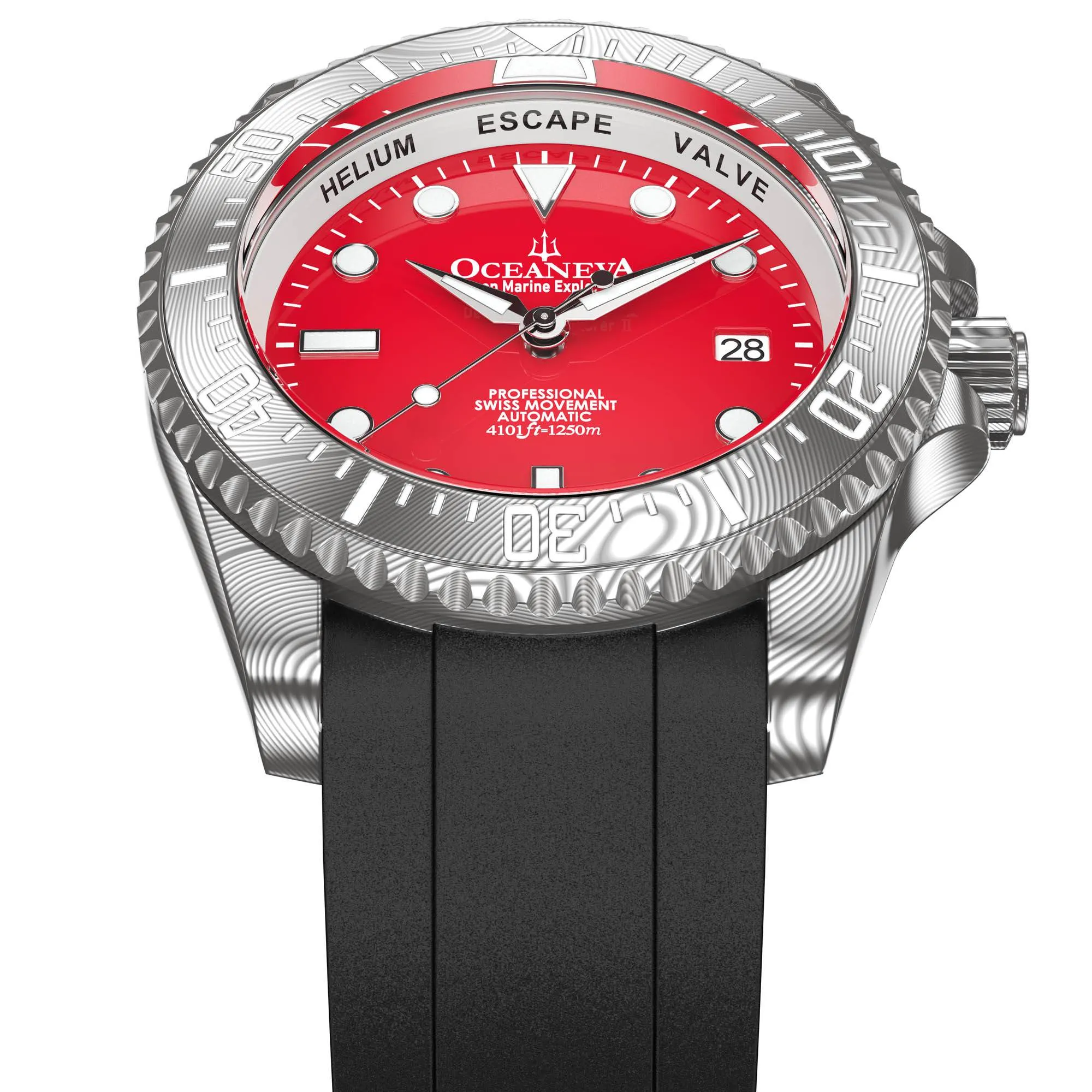 Oceaneva Mens Deep Marine Explorer II Damascus Steel Watch Red Dial