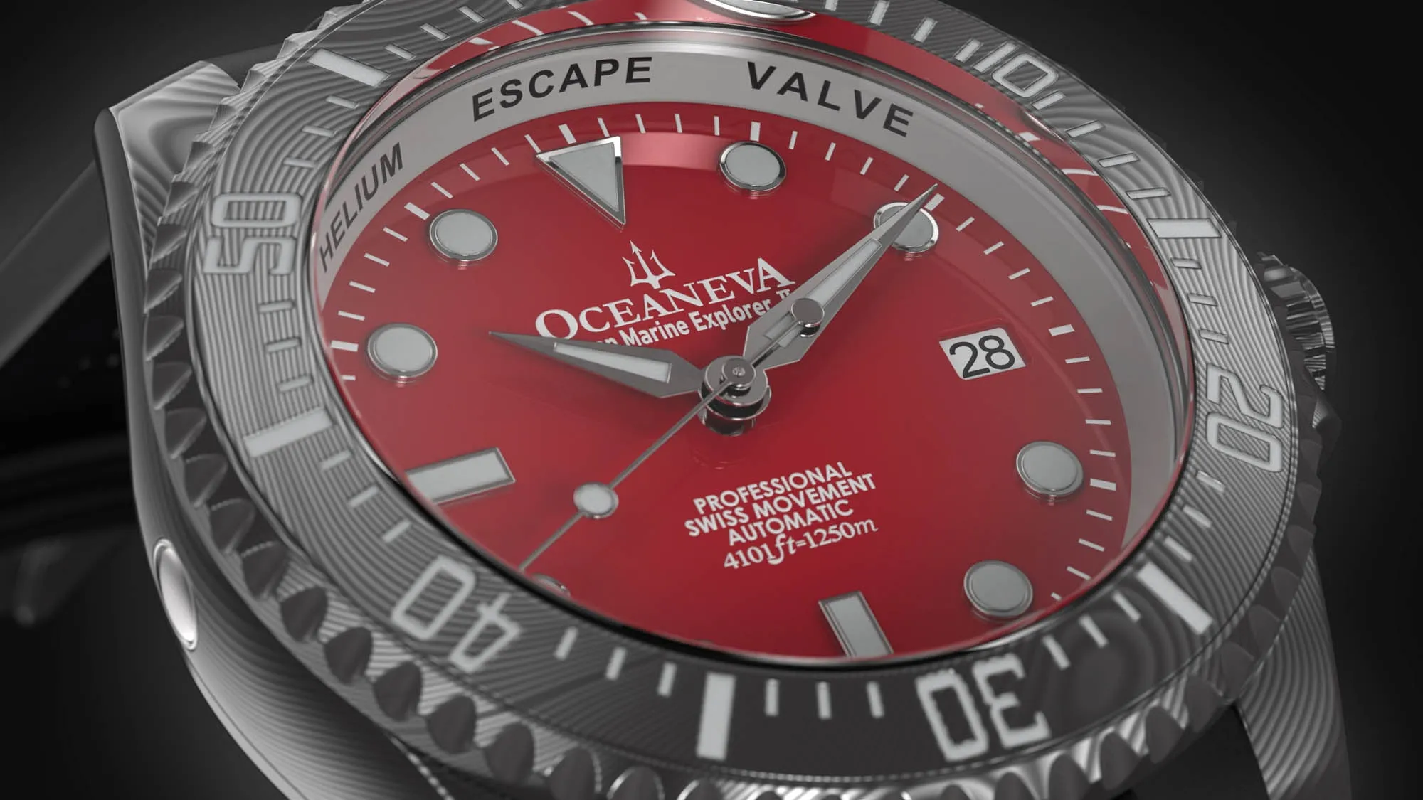 Oceaneva Mens Deep Marine Explorer II Damascus Steel Watch Red Dial